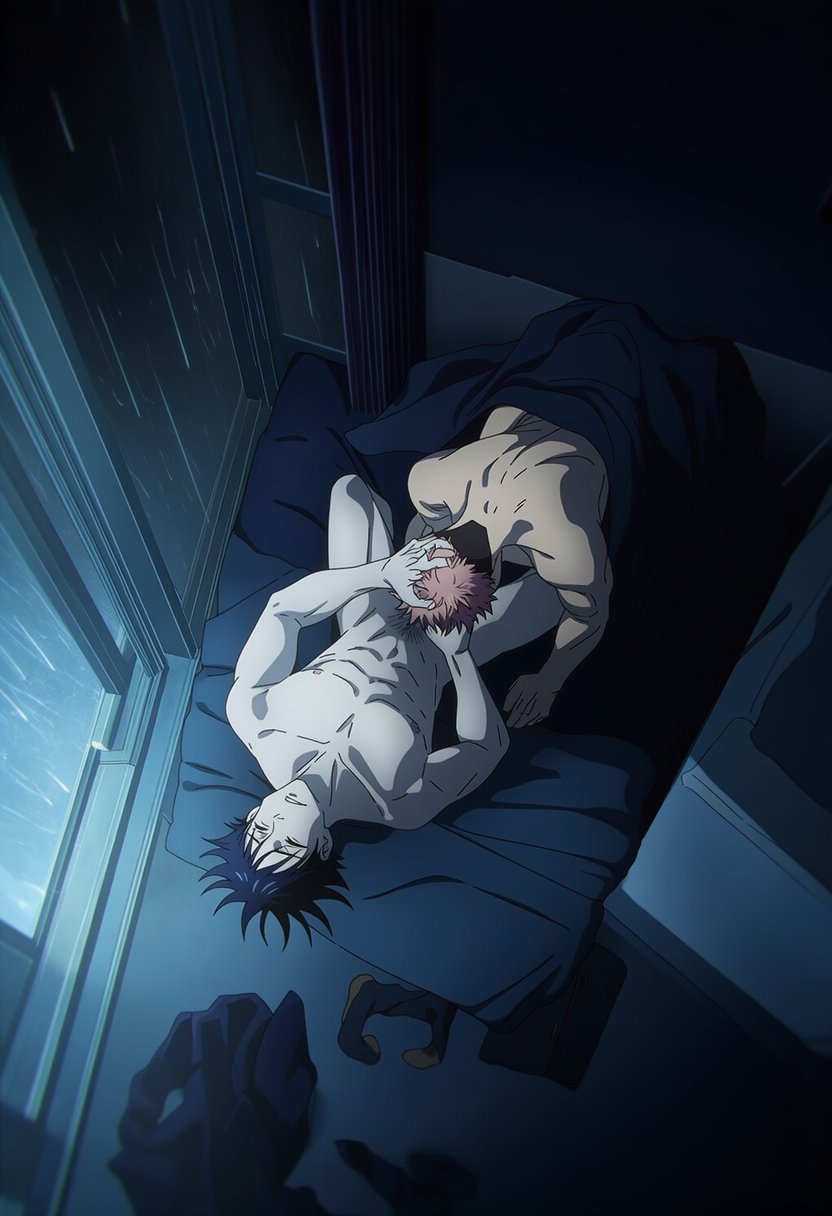 2boys, ai generated, bed, blanket, blowjob, fushiguro megumi, gay, gay sex, hawkchan99, holding head, itadori yuuji, jujutsu kaisen, lying, lying on bed, male focus, male only, male/male, nude, sucking