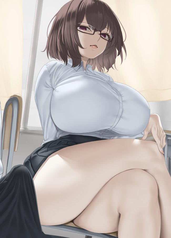 1boy, 1girls, black pants, black skirt, breasts, brown hair, chair, erection, erection under clothes, glasses, huge breasts, legs crossed, lowres, medium hair, original, penis awe, pleated skirt, purple eyes, school uniform, sitting, skirt, table, thick thighs, thighs, tomiokasena, white shirt, window