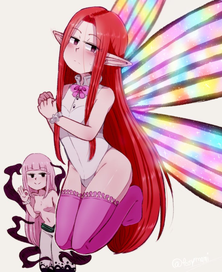 1boy baggy_pants blush breasts bulge crossdressing fairy fairy_wings female femboy girly gloxinia green_sash leotard melascula nanatsu_no_taizai nipples peonymami pink_bow pink_stockings pointy_ears red_hair sleeveless the_seven_deadly_sins trap