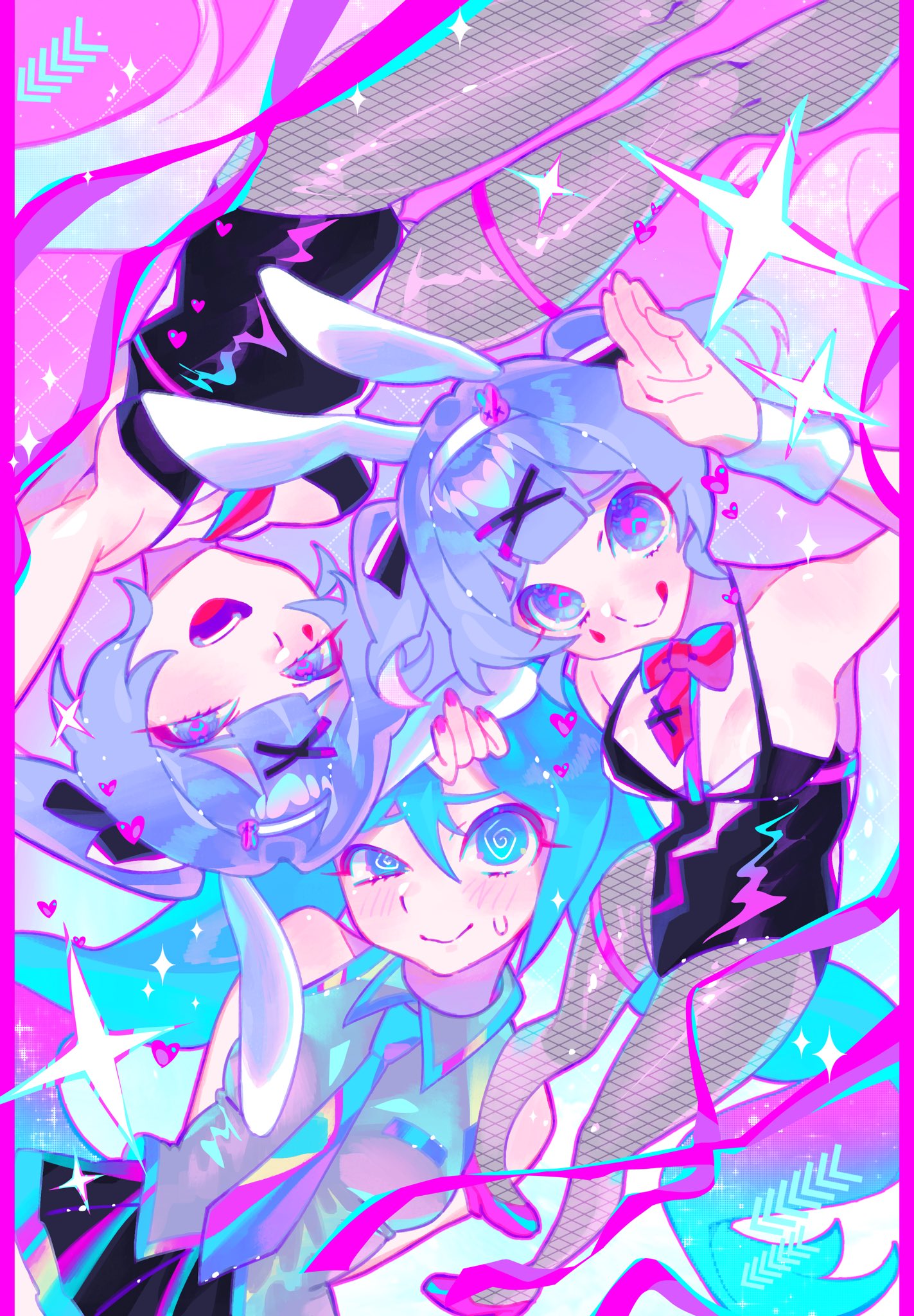 3girls, blue eyes, blue hair, boobs, bowtie, breasts, bunny ears, bunny girl, bunnysuit, female, female focus, female only, fishnets, hatsune miku, iro0414 , legwear, pale skin, pale-skinned female, playboy bunny, rabbit hole (vocaloid), ribbon, ribbons, tagme, tie, white skin