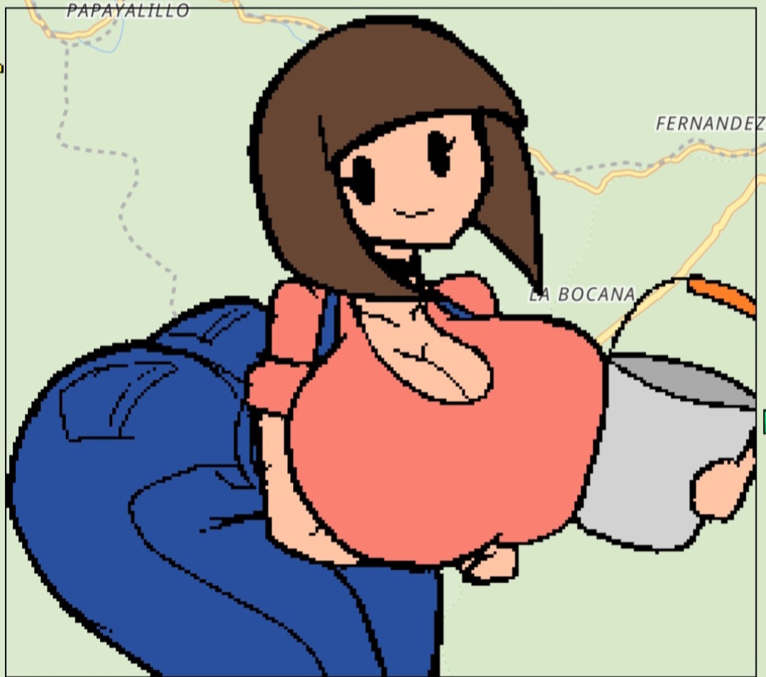 1girls, ass, big ass, big breasts, big butt, black eyes, breasts, brown hair, bucket, butt, clothing, desiredelta, girls only, human, jeans, mary (desiredelta), no sex, pixel (artwork), pixel art, pixelated, red clothing, smile, smile at viewer, smiley face, wplace, wplace (artwork)