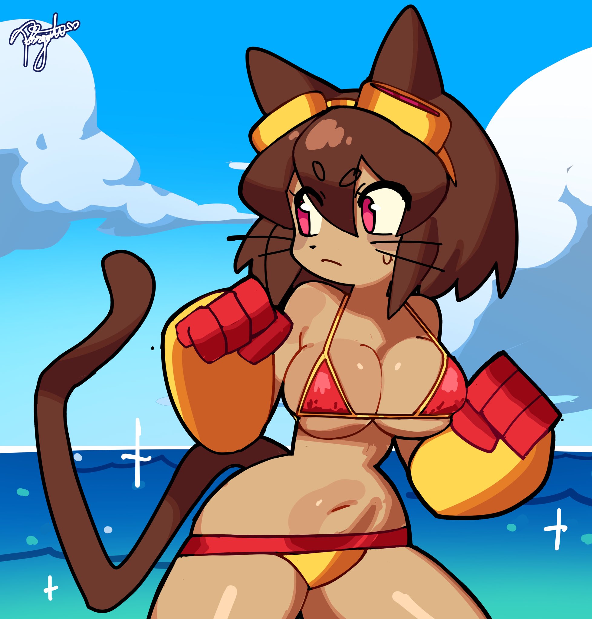 2girls, anthro, bikini, breasts, female, furry, gameoverse, glitch productions, kit (gameoverse), kit bodega, pissgata, solo, tagme