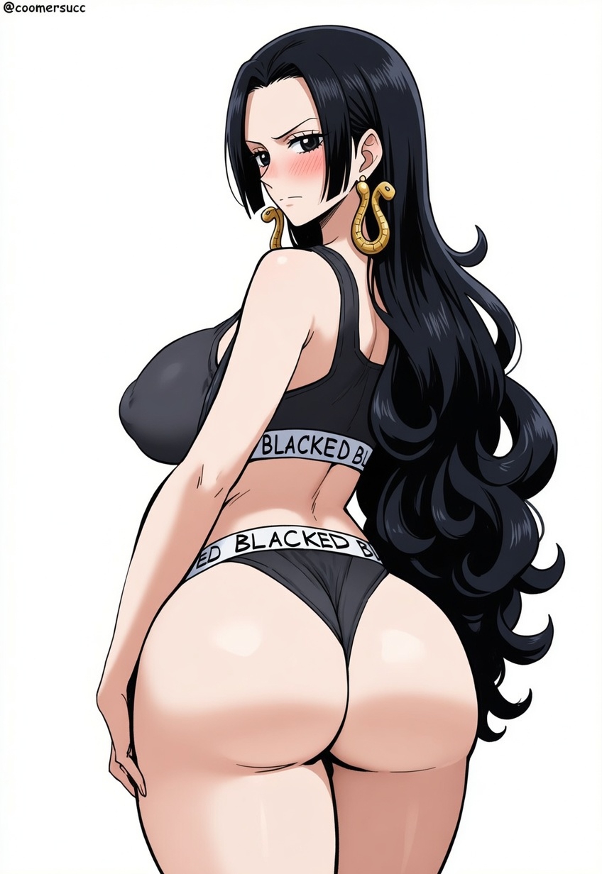 1girls, ai generated, ass, big breasts, black eyes, black hair, black-haired female, blacked, blacked clothing, blush, boa hancock, bra, butt, clothed, clothing, coomersucc, earrings, edit, embarrassed, female, female only, huge ass, long hair, looking at viewer, looking back, one piece, presenting hindquarters, sports bra, standing, straight, third-party edit, thong