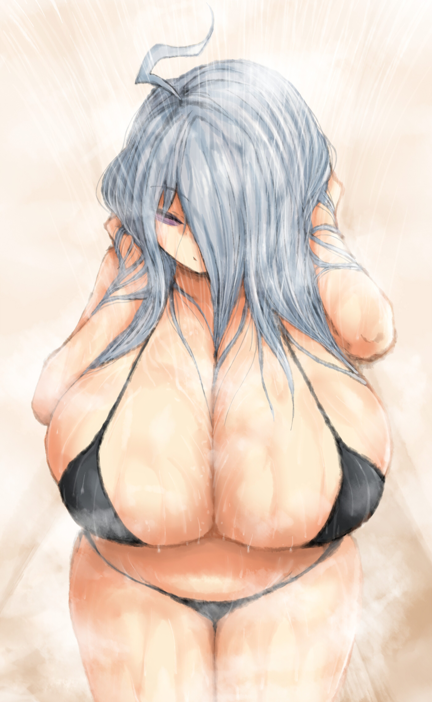 1girls, 2021, 2b213, bikini, breasts, cleavage, closed eyes, female, huge breasts, mei (2b213), shower, silver hair, solo, solo female, tagme, thick, thick thighs, wet