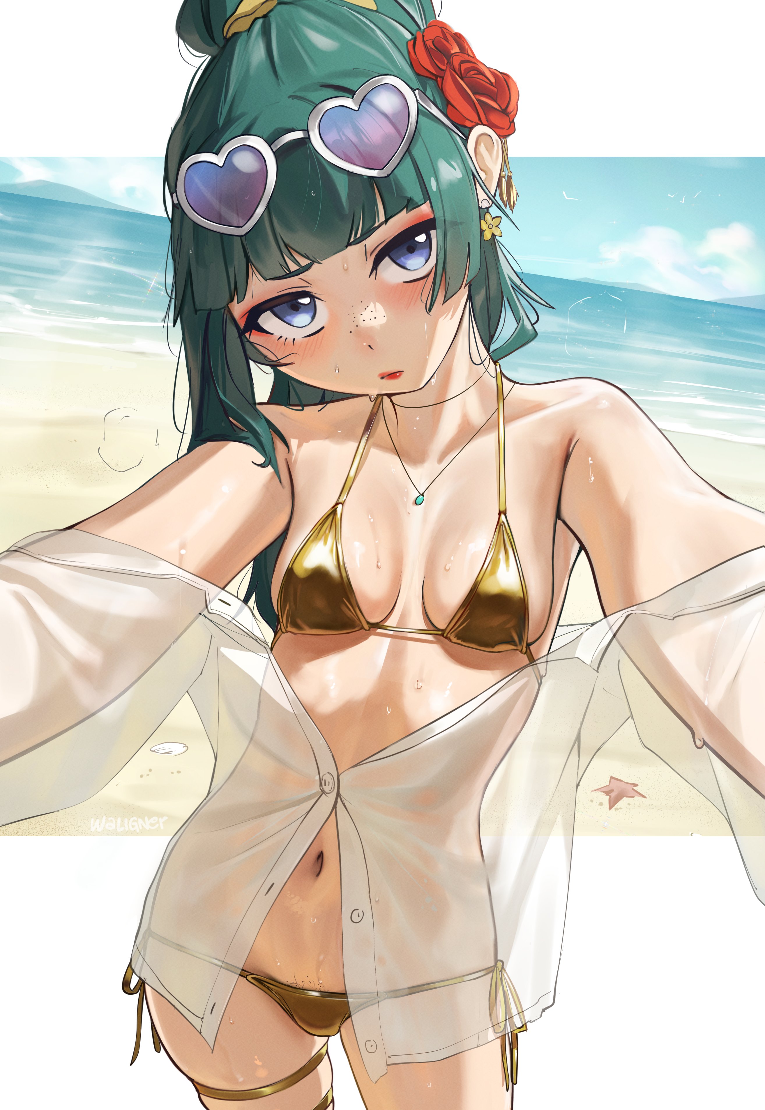 1girl, absurdres, alternate costume, bare shoulders, bikini, blunt bangs, breasts, collarbone, commentary, english commentary, female pubic hair, flower, gold bikini, green hair, hair flower, hair ornament, heart, heart-shaped eyewear, highres, jewelry, kusuriya no hitorigoto, long hair, looking at viewer, maomao (kusuriya no hitorigoto), medium breasts, navel, necklace, open clothes, open mouth, open shirt, pubic hair, pubic hair peek, pubic stubble, see-through clothes, see-through shirt, shirt, solo, stomach, swimsuit, waligner