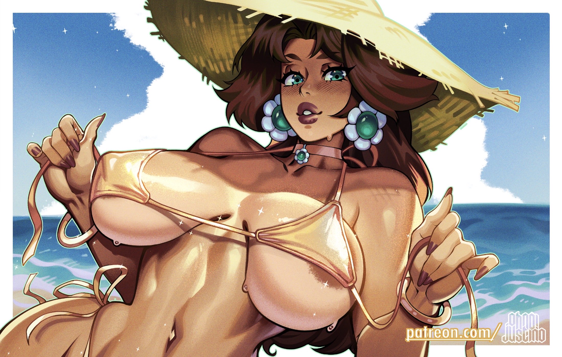 1girls, areola slip, areolae, beach, bikini, breasts, brown hair, digital media (artwork), green eyes, green nails, hat, huge breasts, jewelry, lips, long hair, mario (series), nail polish, navel, nintendo, nipples, ohnojustino, princess daisy, solo, swimsuit, tagme, untied