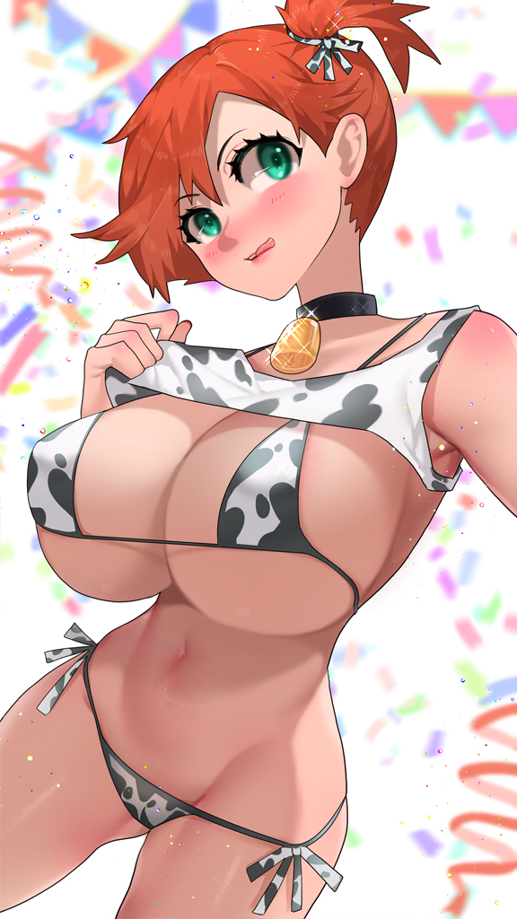 alternate_breast_size animal_print arm_up big_breasts bikini blush breasts choker cleavage commentary confetti cow_print creatures_(company) female game_freak grey_eyes highres huge_breasts human kasumi_(pokemon) large_breasts looking_at_viewer makeup misty_(pokemon) nintendo orange_hair pokemon pokemon_(anime) pokemon_(game) pokemon_rgby print_bikini red_hair solo sumisumii swimsuit tongue tongue_out