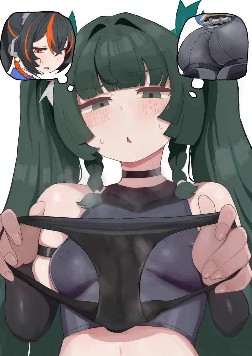 2girls, absurdres, ass, black choker, black hair, black panties, black shirt, choker, detached sleeves, fingernails, green eyes, green hair, highres, holding, holding panties, holding underwear, holding unworn clothes, imagining, kim somang, long fingernails, long hair, multiple girls, panties, qingyi (zenless zone zero), shirt, simple background, sleeveless, sleeveless shirt, speech bubble, thought bubble, twintails, underwear, white background, zenless zone zero, zhu yuan