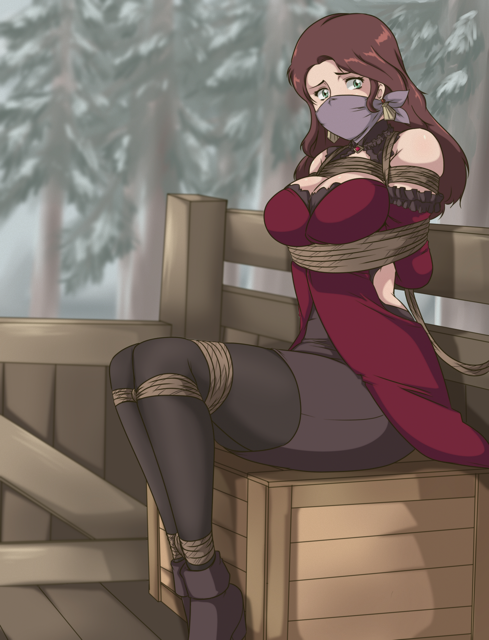 1girls, absurdres, arms behind back, bare shoulders, bondage, bound, bound ankles, bound arms, bound legs, box, breasts, brown hair, cleavage, crate, dorothea arnault, dress, earrings, female, femsub, fire emblem, fire emblem: three houses, forest, gag, gagged, green eyes, helpless, highres, improvised gag, jewelry, large breasts, long hair, looking at viewer, nintendo, outdoors, pine tree, post-timeskip, red dress, rope, rope bondage, ryner-e, sitting, slave raid, sleeveless, sleeveless dress, solo, tape, tape gag, taped mouth, tied, tied up, tree