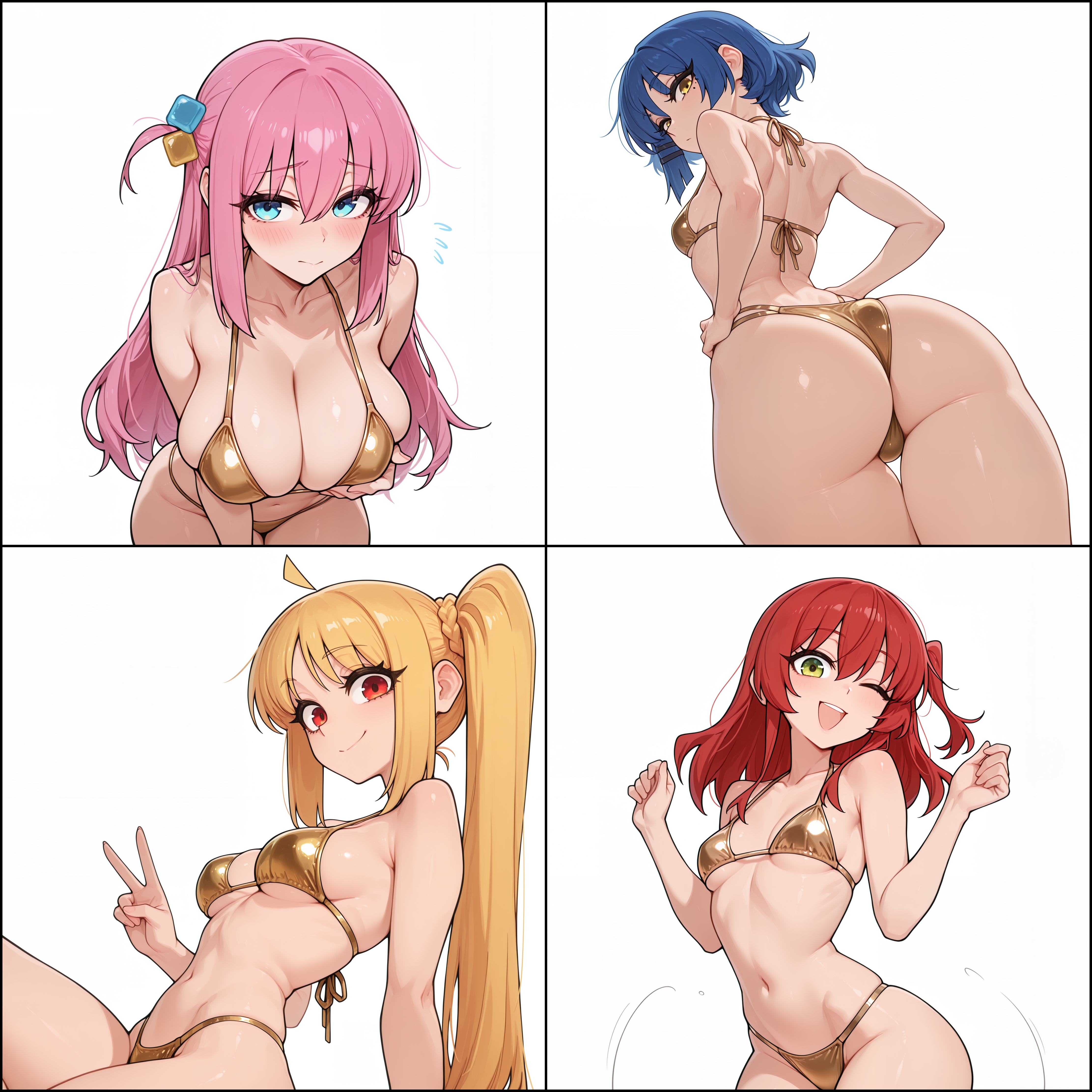 1girl, ai generated, ass, ass focus, ass view, big ass, big breasts, big hips, bikini, bikini bottom, bikini top, blonde, blonde female, blonde hair, blue eyes, blue hair, bocchi the rock!, breasts, cleavage, dynamic angle, dynamic pose, embarrassed, emotionless, eyebrows, eyelashes, female, female focus, female only, gold, gold bikini, gotou hitori, green eyes, hair, hair clips, hair ornament, happy, ijichi nijika, kita ikuyo, long hair, looking at viewer, medium breasts, medium hair, mole, mole under eye, naked, navel, nude, pink hair, pose, red eyes, red hair, short hair, shy, small breasts, smile, smooth skin, solo, solo female, solo focus, velfur (artist), yamada ryou, yellow eyes