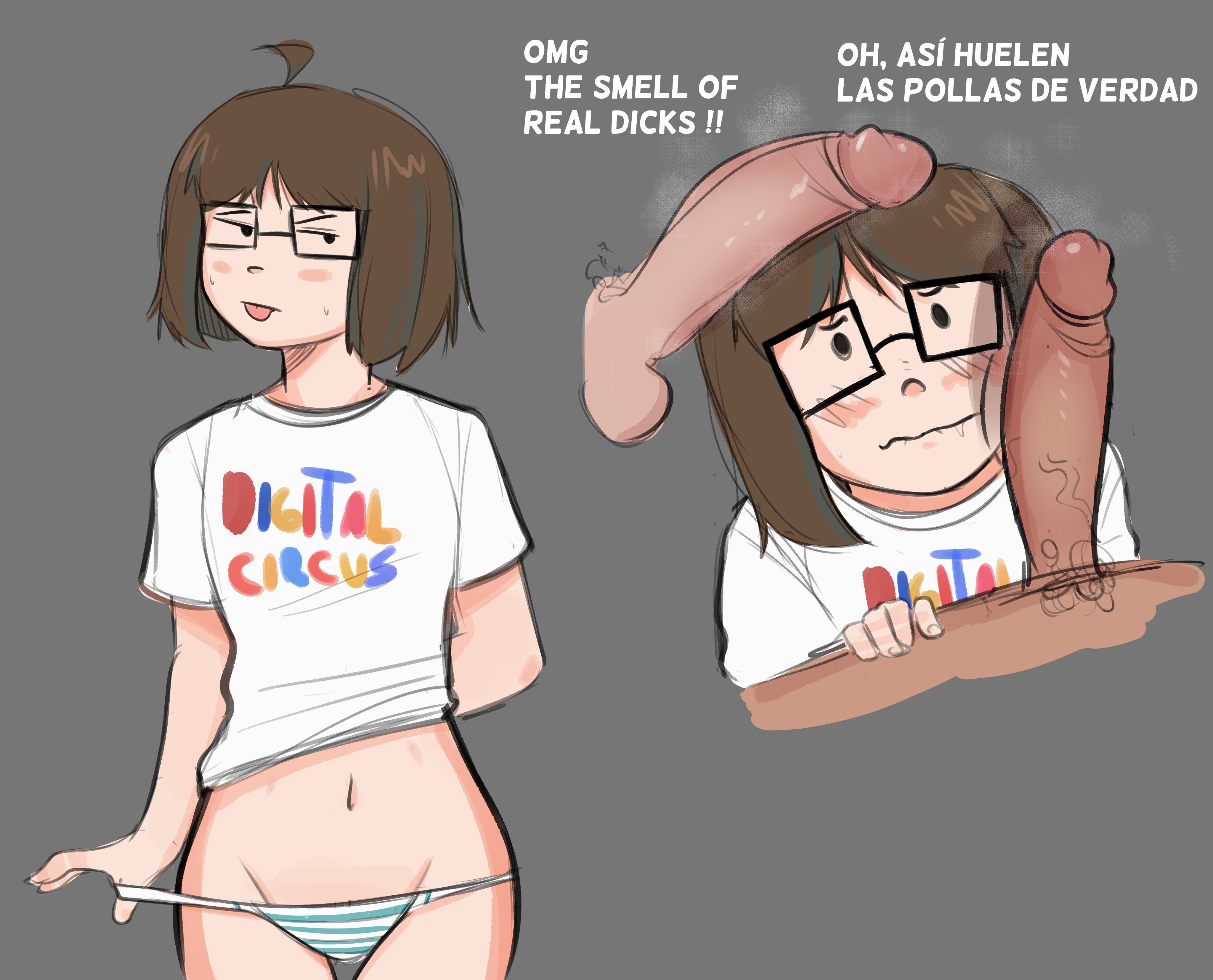 1girls, 2026, 2boys, 2d, 2d (artwork), ahoge, big penis, black eyes, blank background, blush, breath, brown hair, brown hair female, brown-haired female, closed mouth, clothed, clothing, color, dialogue, dominant male, english text, ethicalgooner2007 (kryptraider), female, female focus, femsub, glasses, gray background, grey background, hetero, human, human only, internet controversy, light skin, looking at partner, looking at viewer, male, male pov, male pubic hair, maledom, original, panties, penis, pov, pubic hair, pulling panties, shirt, simple background, spanish text, straight, striped panties, submissive female, text, tongue, tongue out, twitter, twitter link, white shirt, zero dead zone