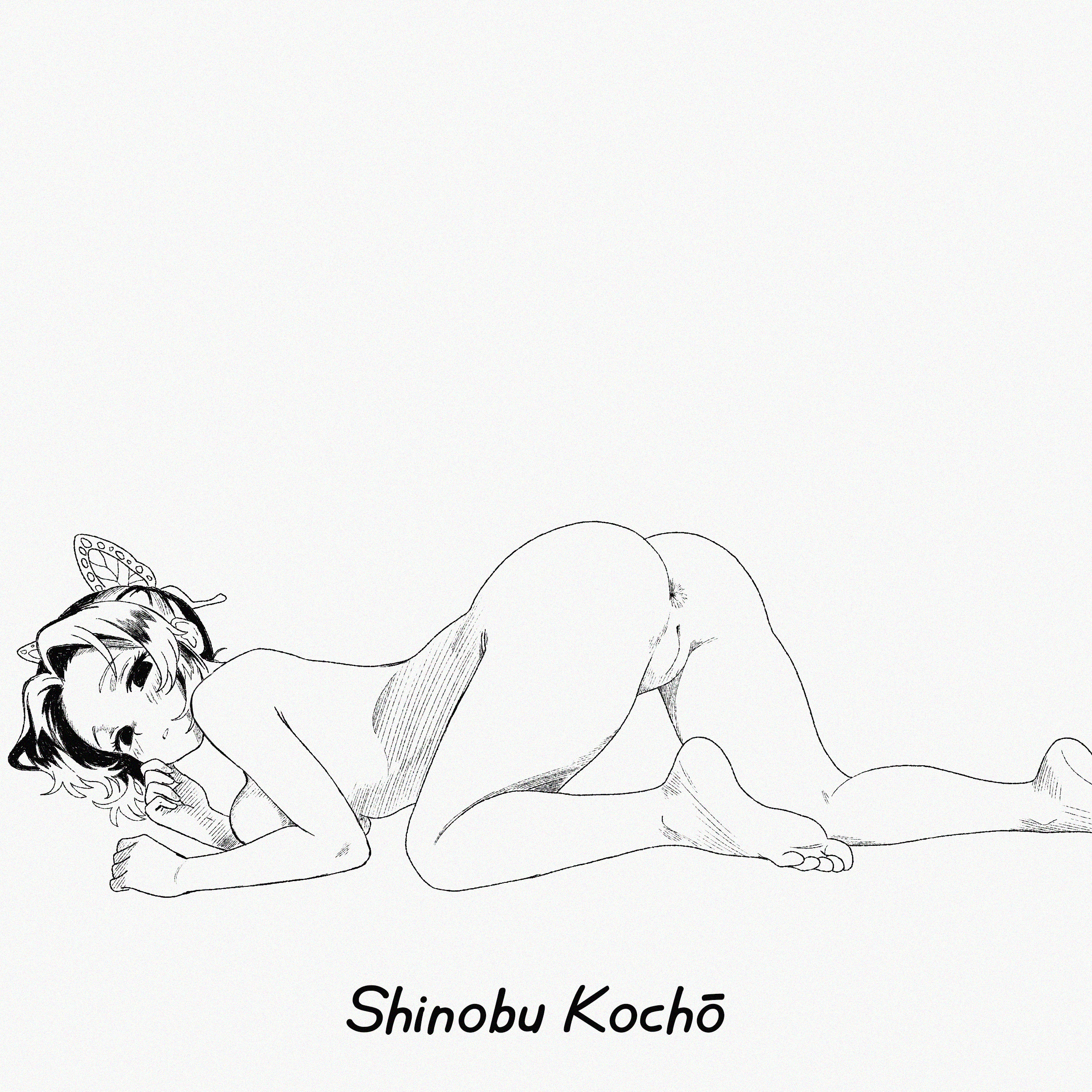 1girls, ass, ass focus, blush, cleft of venus, completely nude female, demon slayer, feet, female, female only, from behind, hi res, highres, innie pussy, kimetsu no yaiba, kochou shinobu, looking at viewer, monochrome, nude, nude female, presenting, presenting hindquarters, pussy, simple background, solo, solo female, soy-chan, thighs