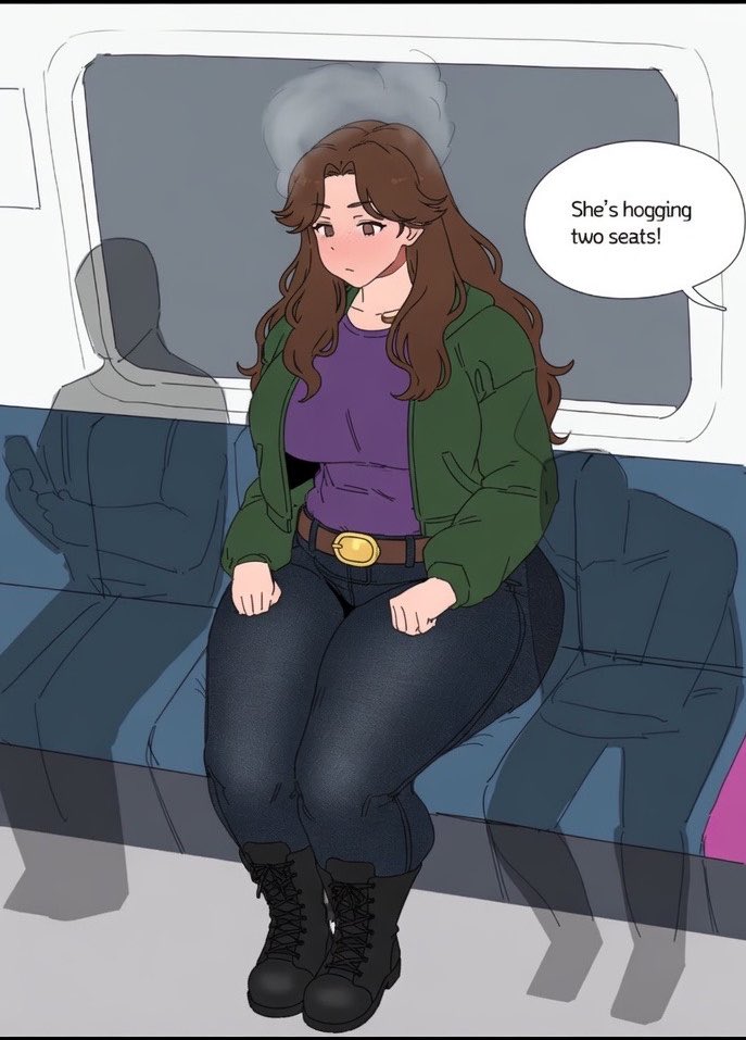 1girls, 2boys, aged up, ass, bigger female, blush, blushing, blushing profusely, bottom heavy, brown hair, brown hair female, brunette, brunette female, brunette hair, charlie emily, edit, female, female focus, five nights at freddy's, fnaf novels, height difference, huge ass, interior, jeans, larger female, light skin, light-skinned female, seated, shorter male, sitting, size difference, smaller male, thick thighs, traced, traced art, wide hips, wide thighs