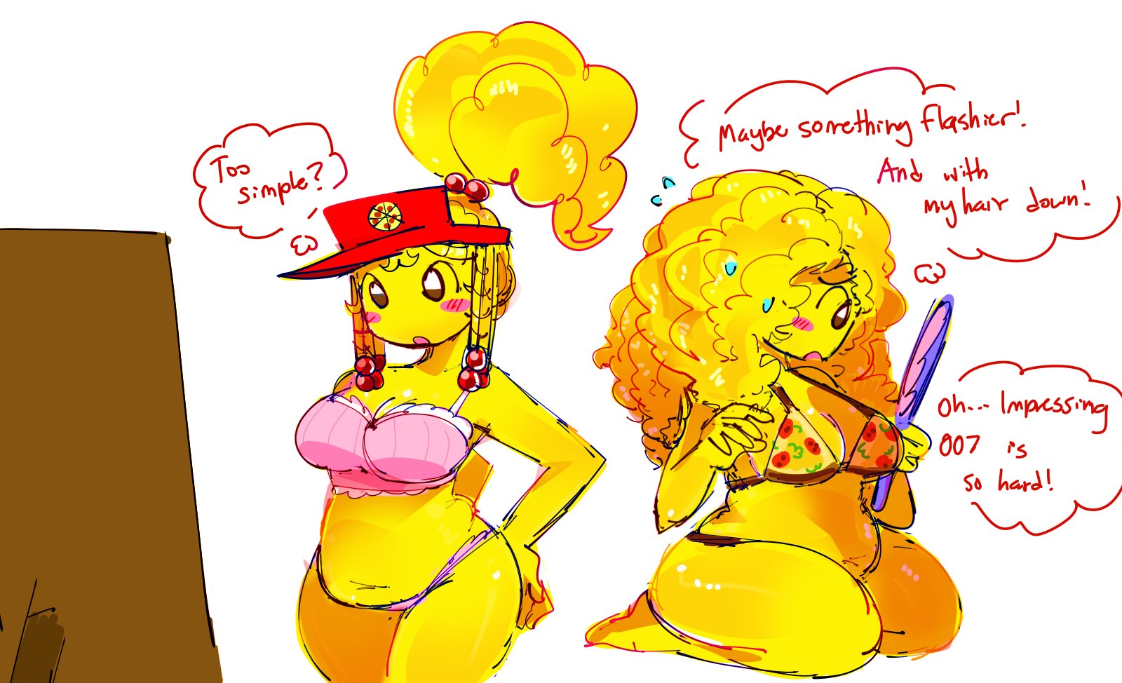 1girls, 2d, basslapping, belly, bikini, blush, breasts, chubby, chubby female, cleavage, colored sketch, curly hair, cute, cute face, elliot (work at a pizza place), english text, feet, female, female only, hair beads, long hair, panties, pink bra, pizza bikini, puffy hair, roblox, roblox game, robloxian, rule 63, sketch, solo, stomach, text, thick thighs, thighs, thought bubble, underwear, work at a pizza place, worried, yellow skin