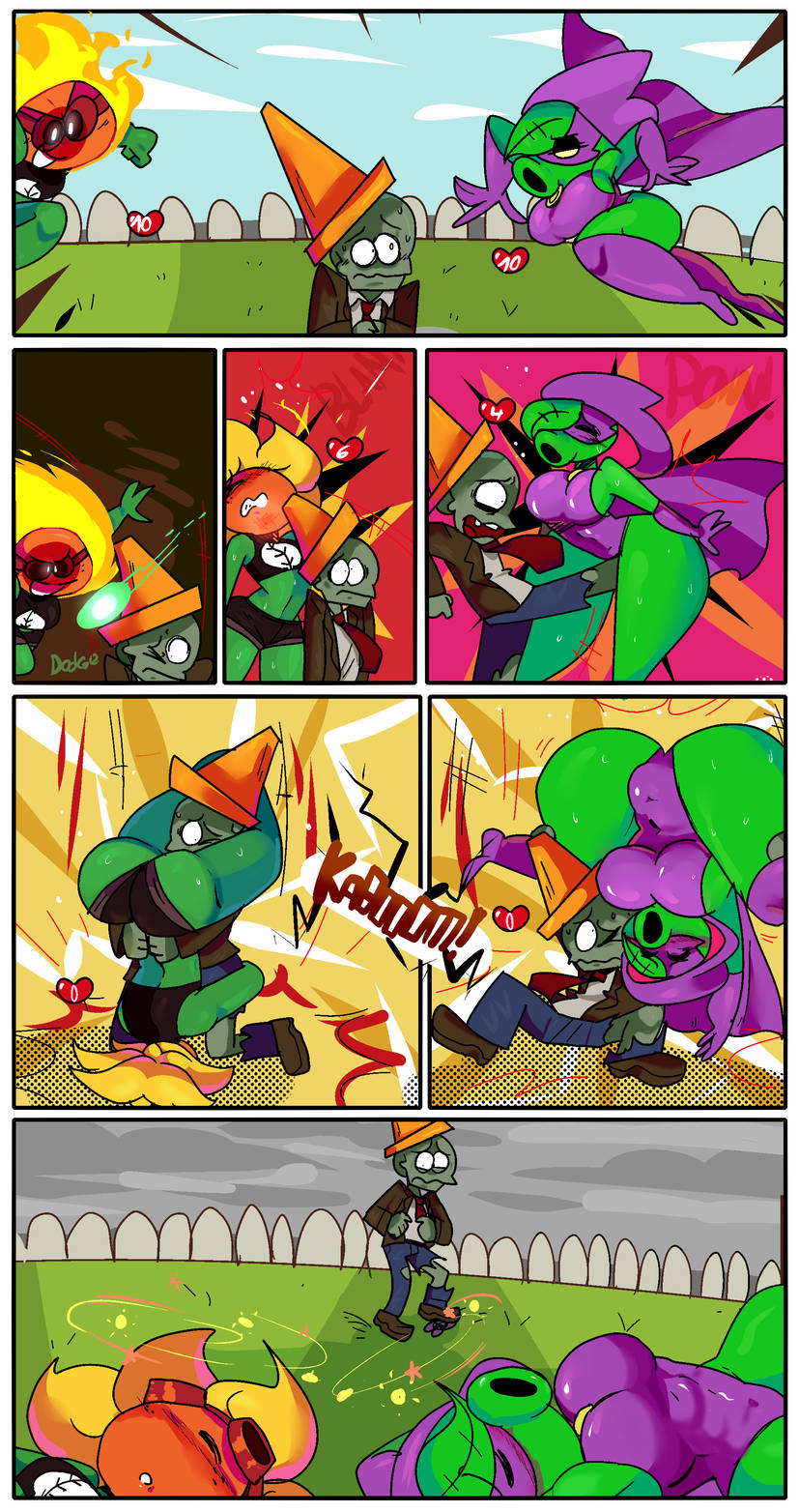 comic, cone, cone hat, conehead zombie (pvz), cuntbusting, grass, green shadow (pvz), nervous expression, picket fence, plants vs zombies, plants vs zombies: heroes, solar flare (pvz), zombie, zombie (pvz)