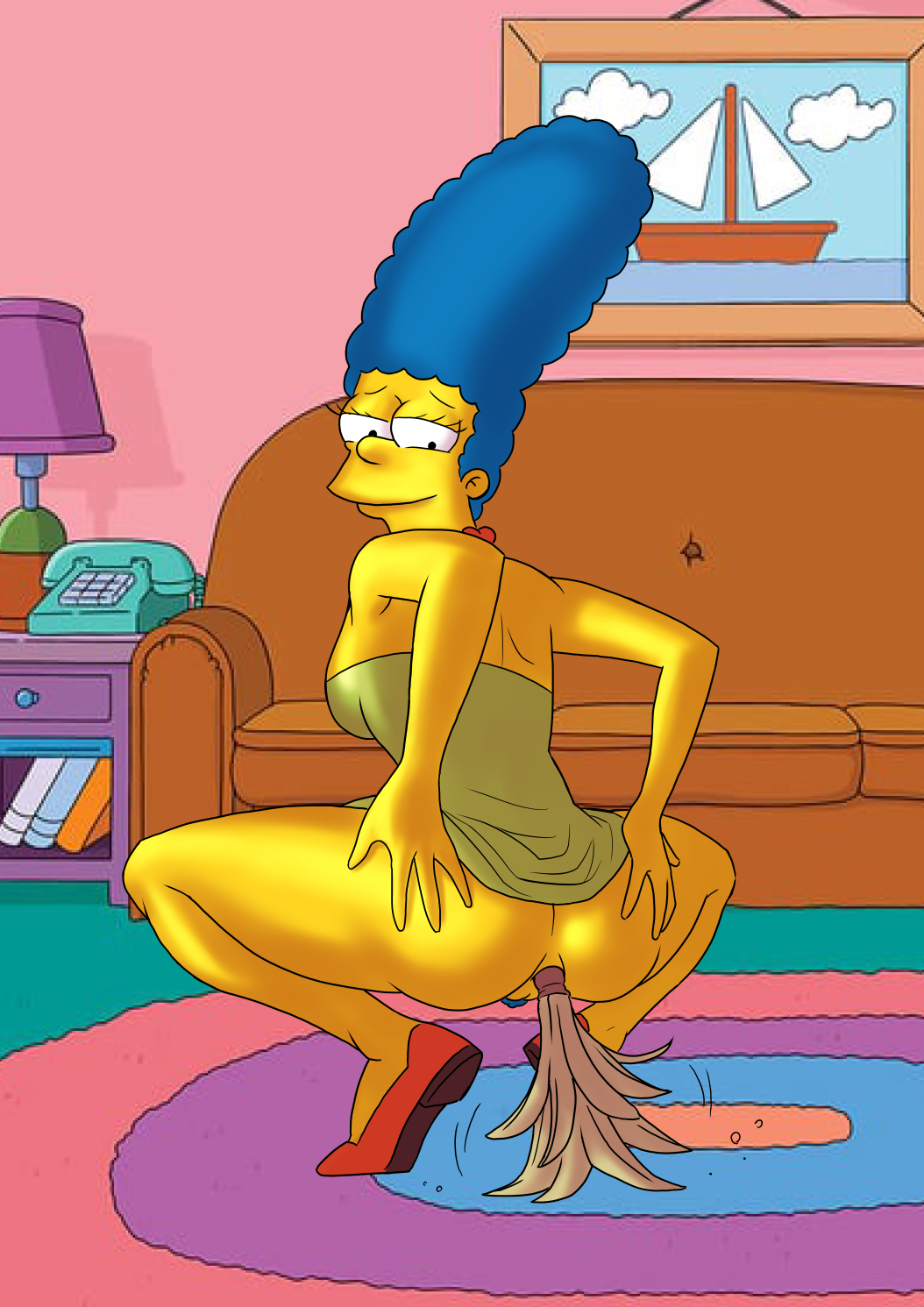 anal anal_insertion ass blue_hair clothing dress dusting feather_duster female hand_on_hip housewife indoors looking_back marge_simpson no_panties object_insertion pubic_hair seventeensam shoes solo squatting the_simpsons yellow_skin