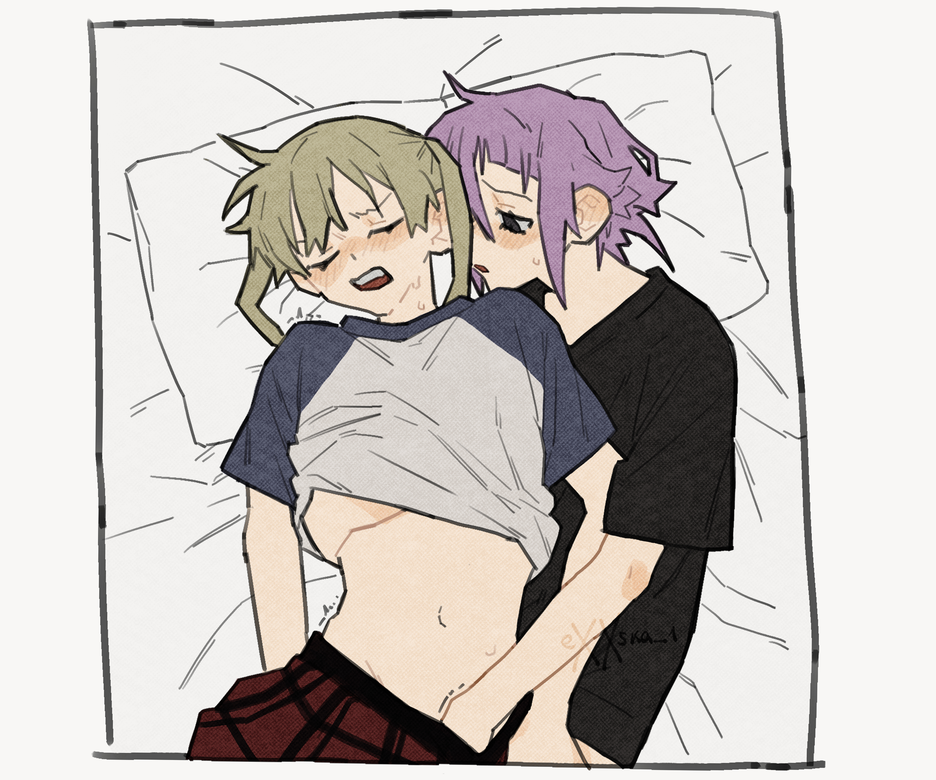 1girls, 1other, artist name, bed, bed sheet, blonde hair, blush, border, breast grab, closed eyes, color, crona (soul eater), exxska 1, female torso, finger fuck, fingering, fingering partner, fully clothed, half-closed eyes, hand in another's panties, hand in panties, hand under clothes, highres, implied fingering, long hair, looking at partner, looking pleasured, lying, lying on back, lying on bed, lying on side, maka albarn, pink hair, ponytail, purple eyes, romantic, romantic couple, shirt lift, skirt, soul eater, sweatdrop, tied hair, trembling, twintails, viewed from above, vulva handjob, watermark