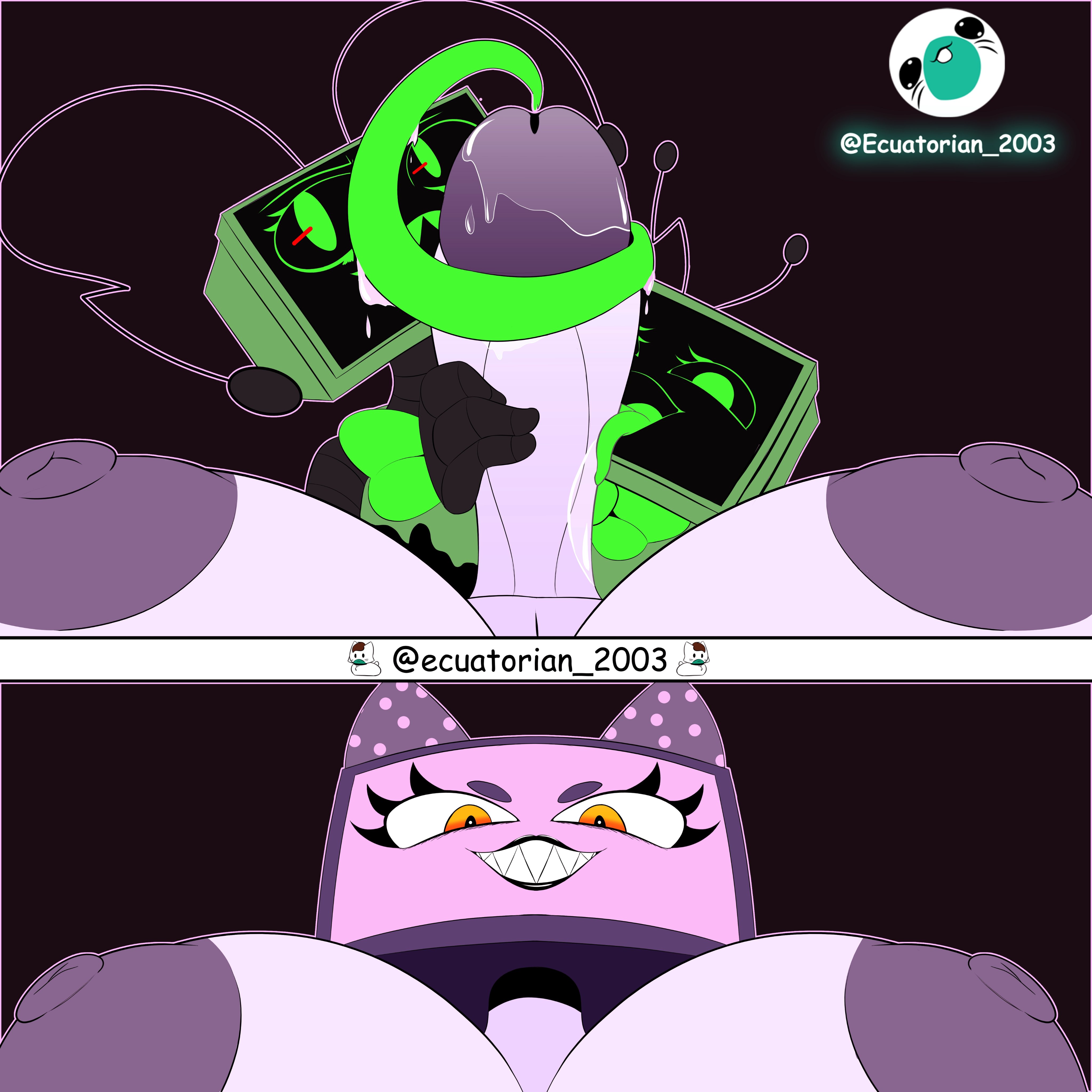 1futa, 2girls, big butt, big penis, blowjob, cat tv woman, collaborative fellatio, dandy's world, double fellatio, ecuatorian 2003, fellatio, female, futanari, object head, oc, oral, original character, roblox, tv head, twisted vee (dandy's world), vee (dandy's world), womantv891