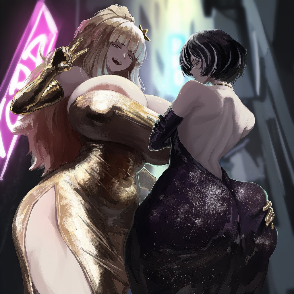 2girls, ai generated, areolae, bareback, black dress, black hair, blonde female, blonde hair, child bearing hips, cinderhee, collar, crossed arms, distortion detective, dress, ezra (distortion detective), fancy clothing, fancy dress, female, female only, from below view, gloved hands, gloves, golden, golden dress, grabbing ass, grey eyes, hag, hair ornament, hairpin, hand on ass, hips, hips wider than shoulders, long hair, looking at viewer, looking back, looking back at viewer, moses (distortion detective), multicolored hair, neon lights, nipple bulge, nipples, outdoors, outside, pale skin, pale-skinned female, peace sign, ponytail, project moon, red eyes, short hair, signs, smile, smiling at viewer, sparkle, sparkles, sparkly dress, star, star hair ornament, street, tagme, tall female, v, very long hair, white hair, wide hips, wide thighs