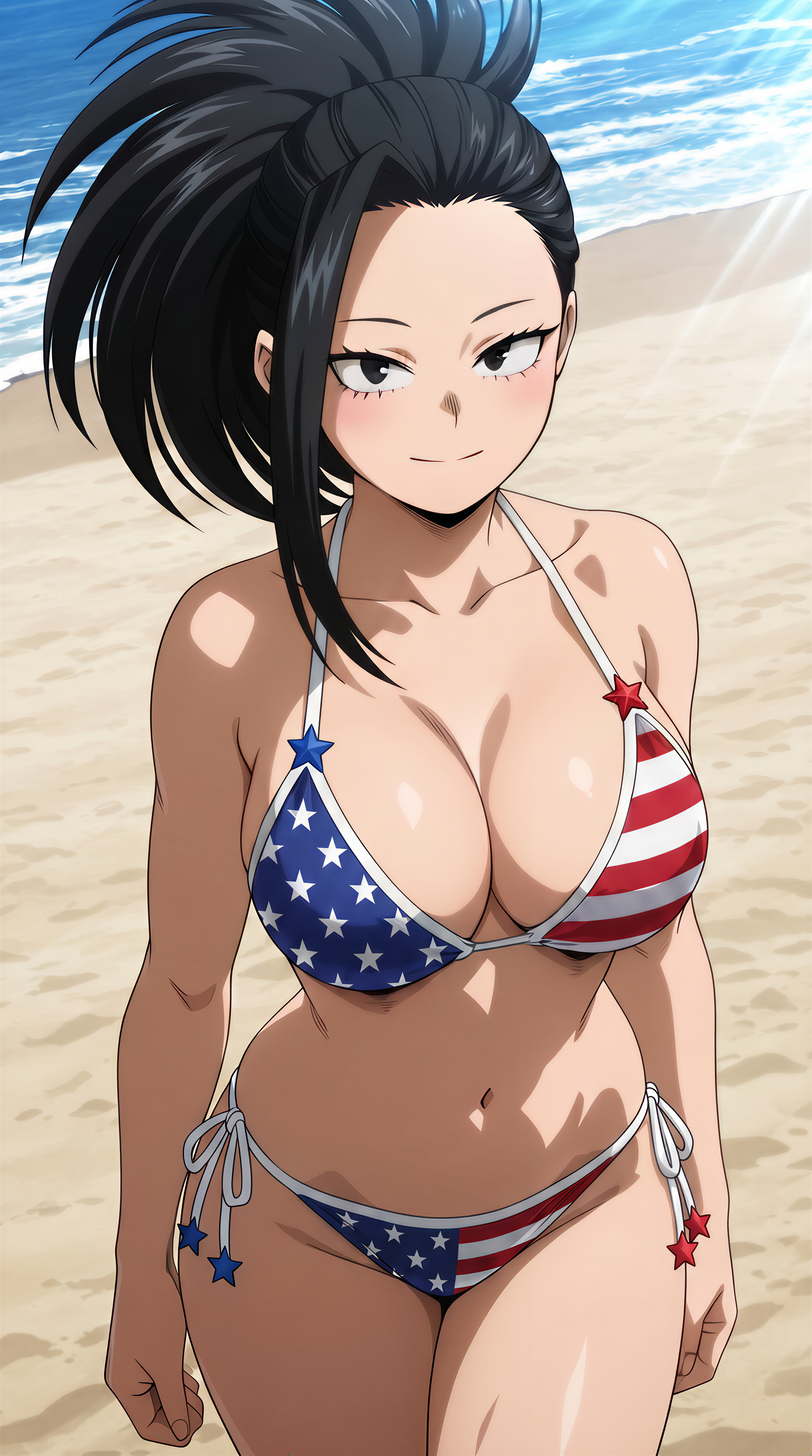 1girls, ai generated, american flag bikini, beach, bikini, black hair, black-haired female, boku no hero academia, female, looking at viewer, momo yaoyorozu, my hero academia, narrow waist, tagme, yaoyorozu momo