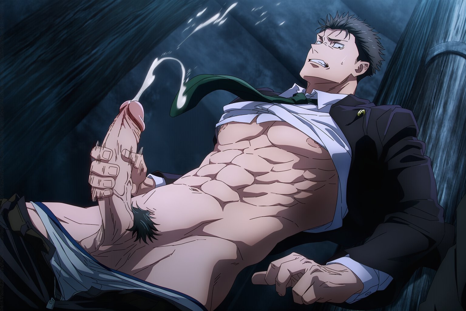 abs, against tree, ai generated, big penis, clothed, cum, cumshot, erection, gay, gay male, gilxxgamesh, hiromi higuruma, jujutsu kaisen, male, male focus, male only, masturbation, pants down, penis, penis out, shirt up, solo, solo focus, thick penis, throbbing penis, yaoi