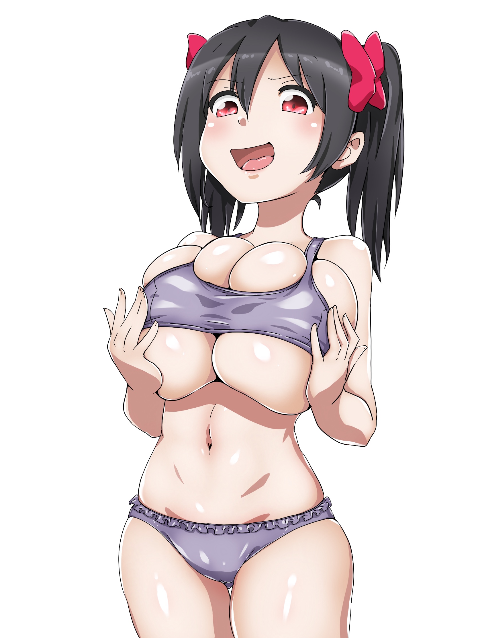 1girls, big breasts, black hair, bow, breast expansion, breast growth, breast growth (enlargement), breasts, exposed shoulders, exposed stomach, female, female only, large breasts, love live!, love live! school idol project, panties, pussy, red eyes, sports bra, thighs, twintails, uzumi (uzumi yosi), vagina, yazawa nico