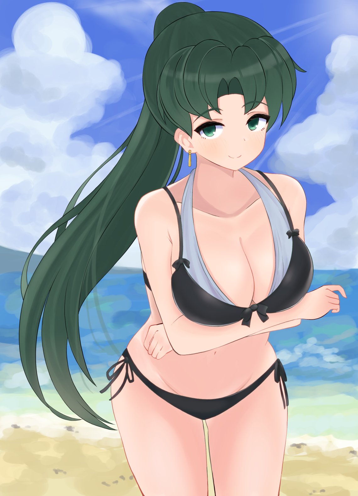 1girls alternate_costume bangs beach bikini black_bikini black_swimsuit blue_sky breasts cleavage crossed_arms earrings female fire_emblem fire_emblem:_the_blazing_blade green_eyes green_hair highres jewelry kocha_(jgug7553) large_breasts long_hair looking_at_viewer lyn_(fire_emblem) navel nintendo ponytail side-tie_bikini sky smile solo_female swimsuit thigh_gap