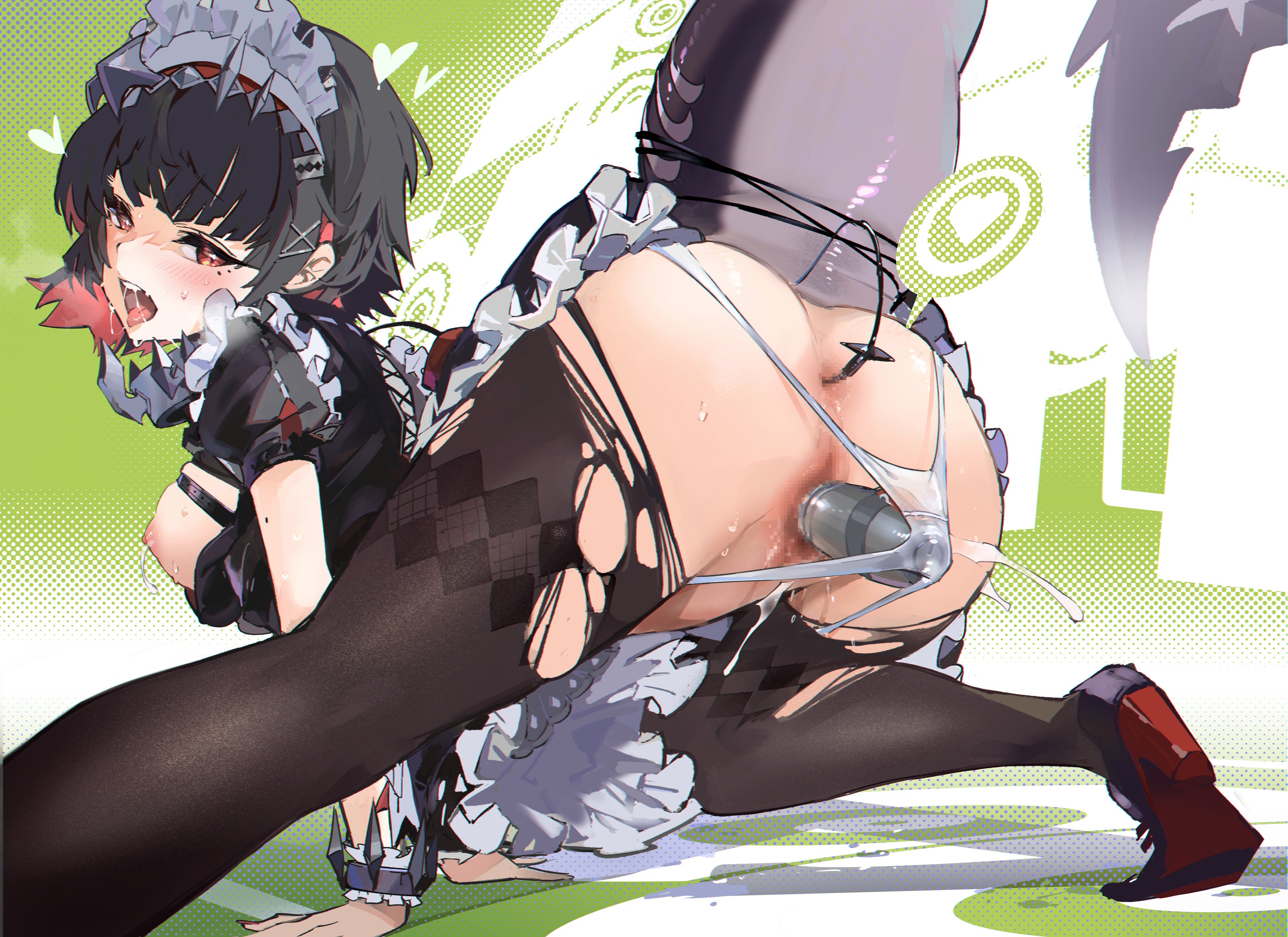 1girl, absurdres, anal, anal object insertion, black hair, black pantyhose, breasts, colored inner hair, dildo, dildo under clothes, dildo under panties, ellen joe, fins, fish tail, hairband, high heels, highres, kurotsuki machi, large tail, looking at viewer, maid, maid headdress, metal hairband, mole, mole under eye, multicolored hair, object insertion, open mouth, pantyhose, red eyes, red hair, sex toy, shark girl, shark tail, short hair, small breasts, solo, spiked headband, tail, torn clothes, torn pantyhose, two-tone hair, zenless zone zero