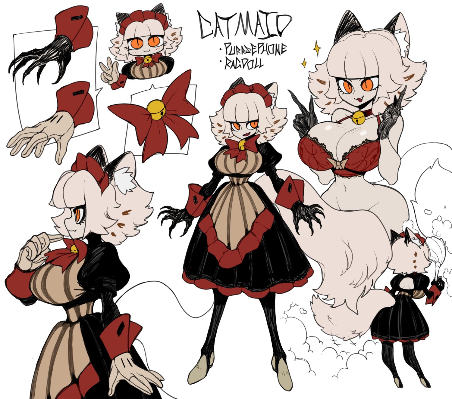 :3, 1girls, anthro, bell, bell collar, big breasts, bottomless, bow, bra, breasts, cat ears, cat girl, catgirl, catmaid (dizzyspells), cleavage, clothed, clothing, dizzyspells, female, female only, fully clothed, gloves, hourglass figure, humanoid, maid, maid headdress, mostly nude, orange eyes, solo, standing, thick thighs, white body, white hair, wide hips