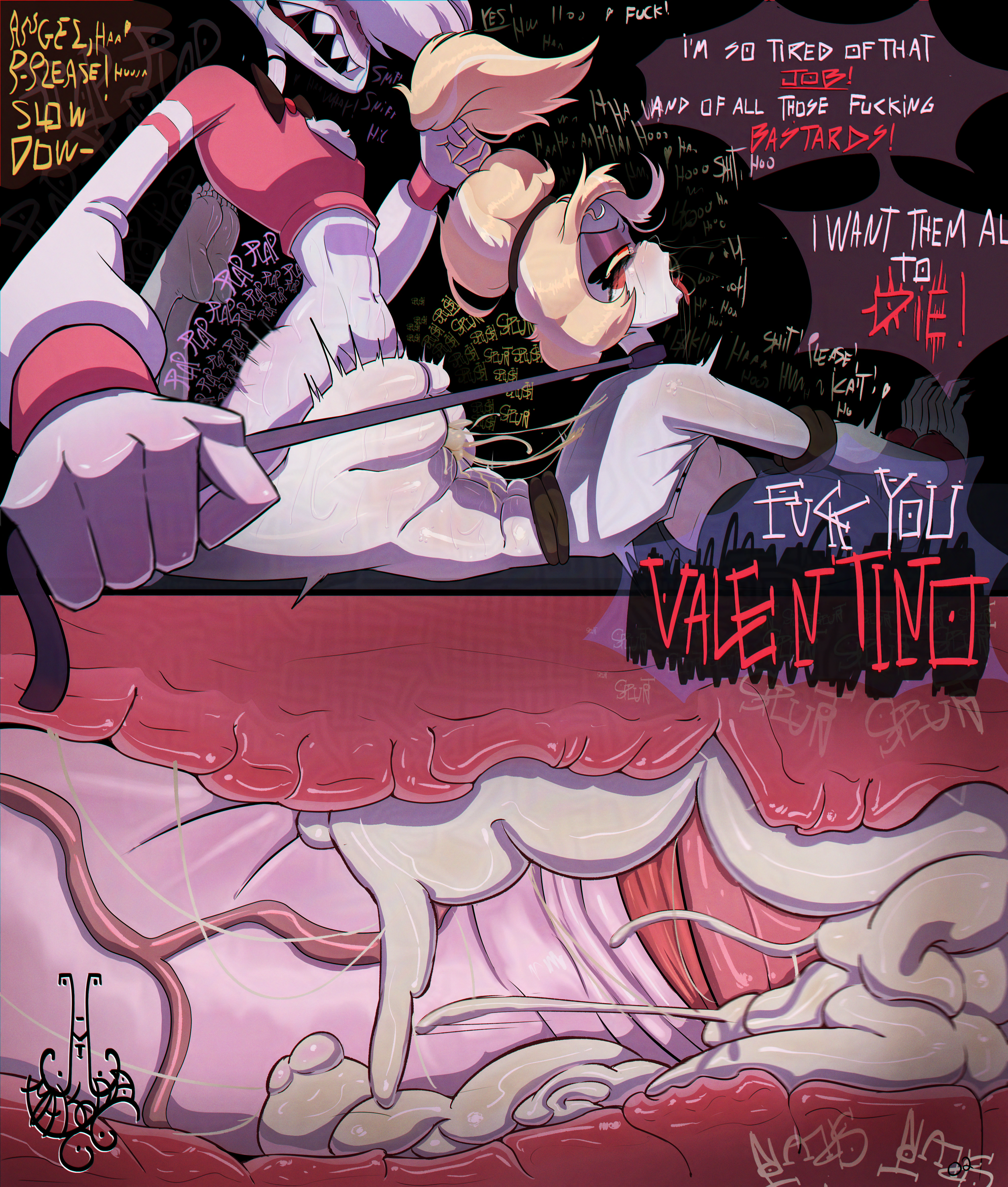 anal, anal penetration, anal sex, angel dust (hazbin hotel), angry, bdsm, charlie morningstar (hazbin hotel), crying, crying with eyes open, cum in ass, cum inside, excessive cum, eyeless male, femboy, femboy on female, femboydom, grabbing hair, handcuffs, hardcore, hazbin hotel, hazbin hotel (season 2), makoda, messy hair, mind break, rough sex, tongue out