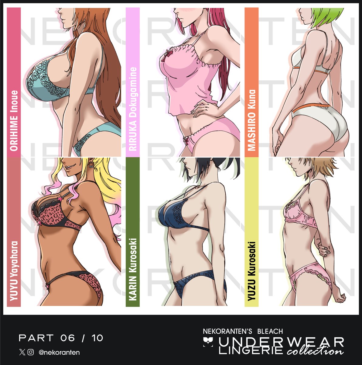 6girls, big breasts, black hair, bleach, bleach: the thousand-year blood war, blonde hair, breast chart, breasts, brown hair, chart, dokugamine riruka, duplicate, female, female only, green hair, huge breasts, inoue orihime, kuna mashiro, kurosaki karin, kurosaki yuzu, leopard print, light skin, lingerie, lingerie only, long sleeves, medium breasts, nekoranten, red hair, riruka dokugamine, small breasts, tanned skin, text, underwear, underwear only, yayahara yuyu