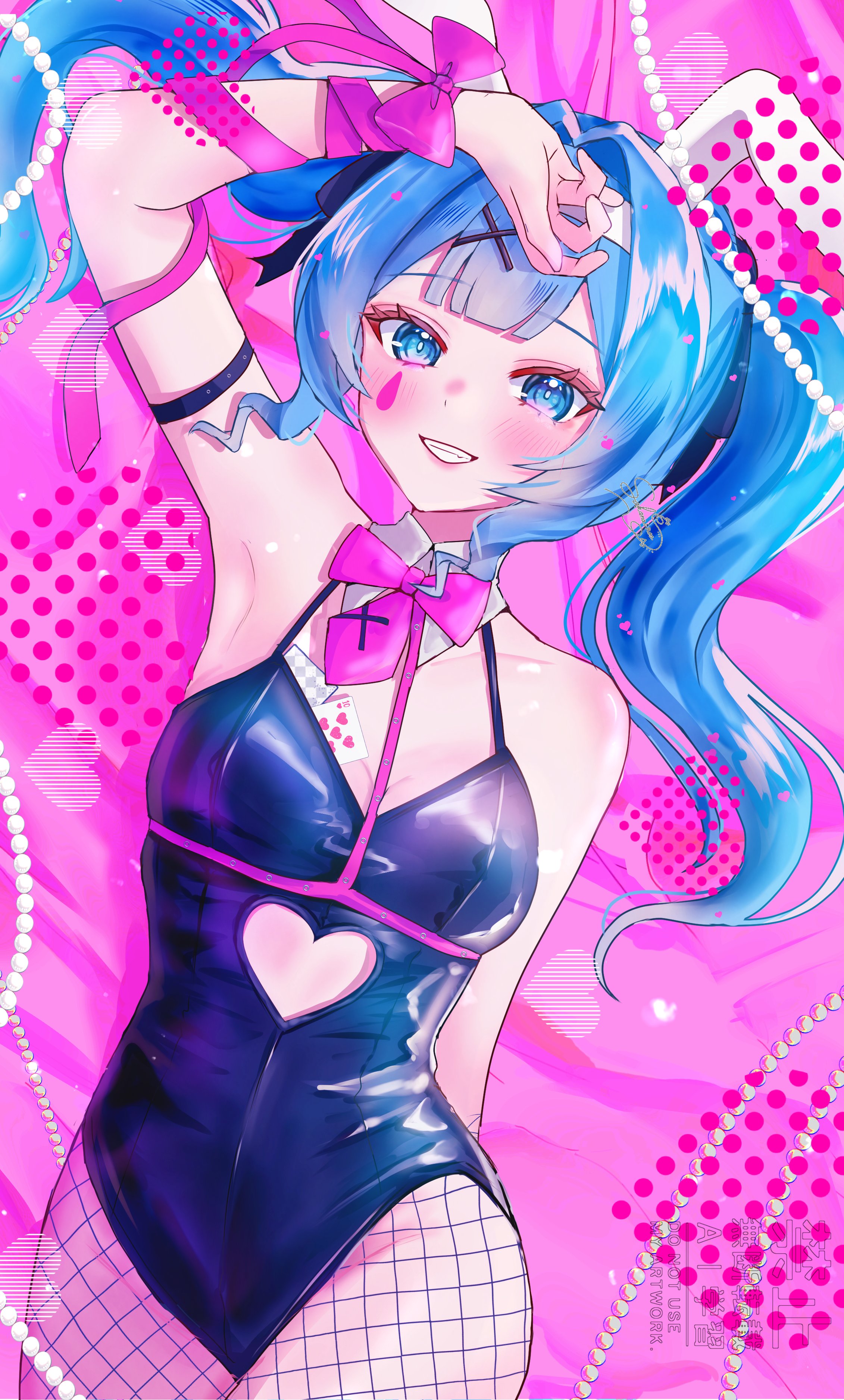 blue hair, bowtie, bunny ears, bunny girl, bunnysuit, card, cards, female, female only, fishnet legwear, fishnets, hatsune miku, makeup, object between breasts, pale skin, pale-skinned female, rabbit hole (vocaloid), sakanoi noa, smile, smiling, smiling at viewer, tie, white skin