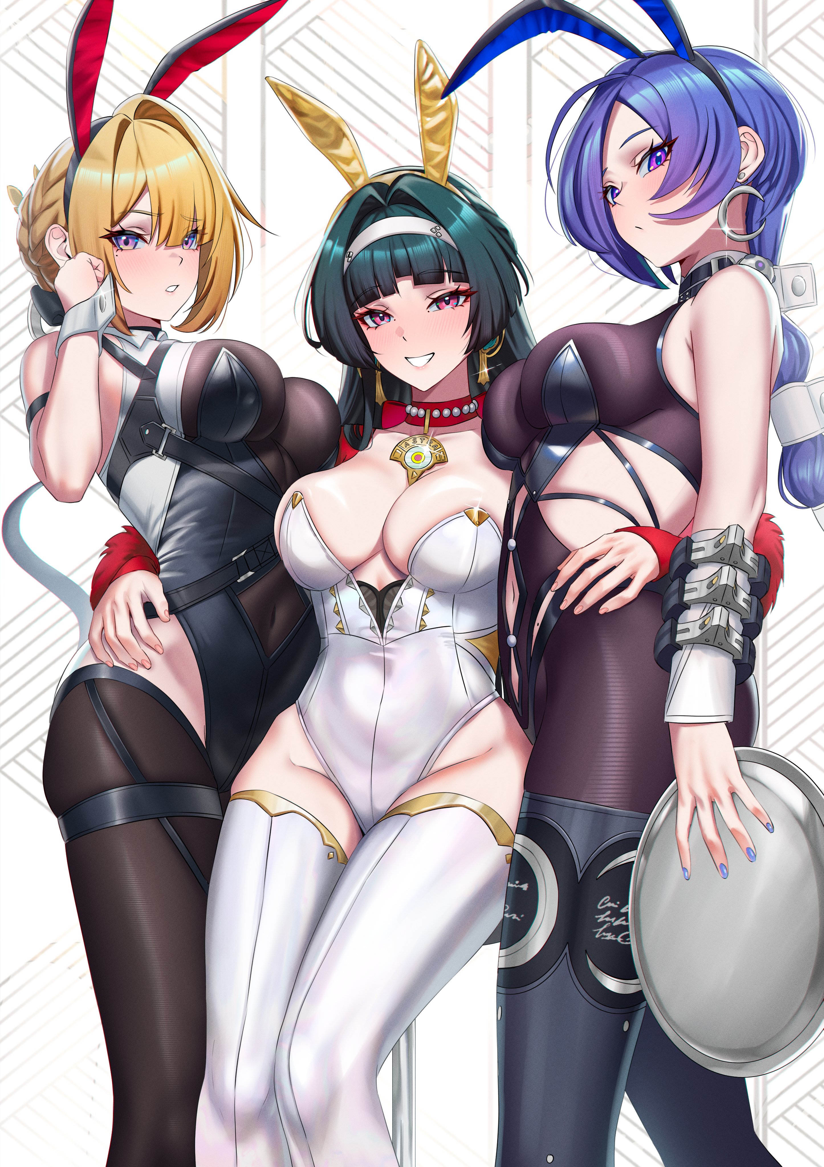 3girls, astra yao, blue nails, breasts, colored nails, cruzvu, evelyn chevalier, female, female focus, female only, large breasts, light skin, light-skinned female, looking at viewer, painted nails, promeia (zenless zone zero), thick thighs, thighhighs, thighs, wide hips, zenless zone zero