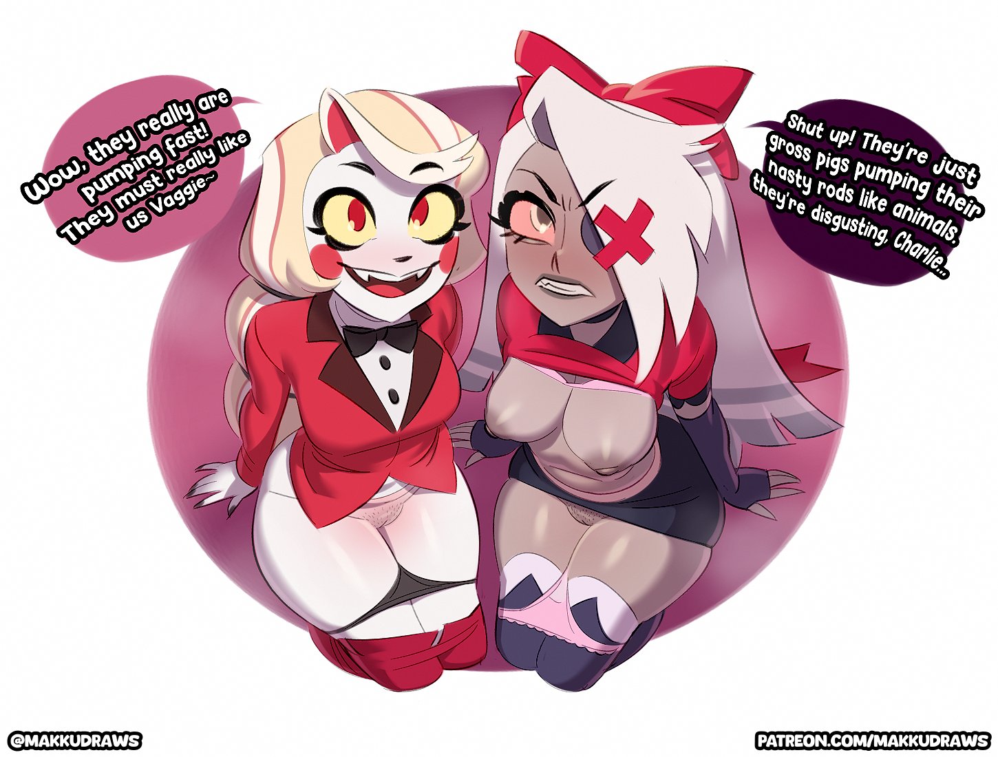 2girls, charlie morningstar (hazbin hotel), exposed breasts, exposed pussy, female, female only, hazbin hotel, makku, medium breasts, mostly clothed, panties, panties down, partially clothed, pussy, talking to viewer, tsudamaku, vaggie (hazbin hotel)