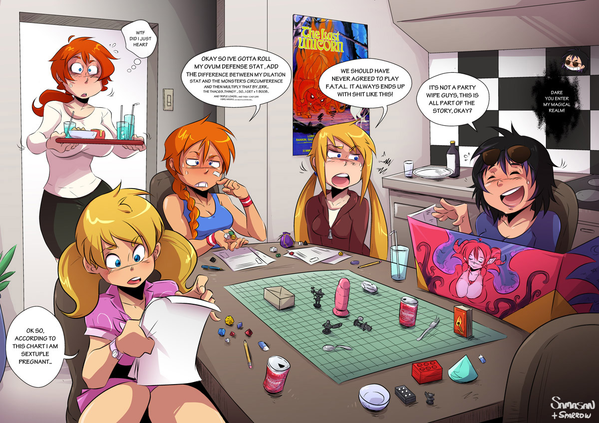 battle map, blonde hair, can, casual, clothing, dice, dildo, f.a.t.a.l., female, female only, fully clothed, gardnerverse, group, human, indoors, kitchen, map, no sex, original, pale skin, playing games, red hair, role playing game, sam gardner, samasan, soda can, sparrow (artist), table