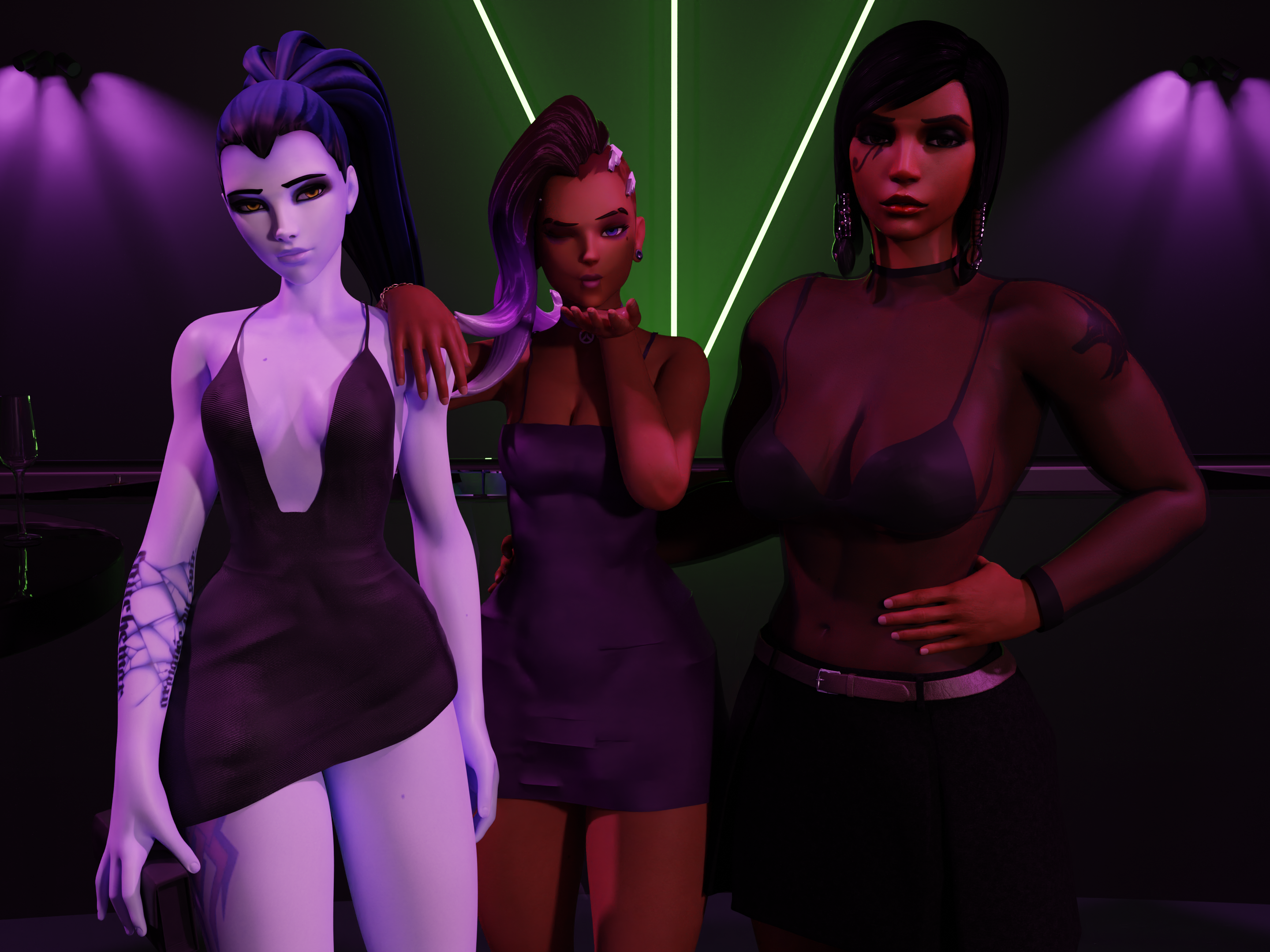 3d, 3girls, black hair, blue hair, blue skin, cleavage, clothed, clothed female, clothes, clothing, club, dark environment, dark skin, dark-skinned female, female, female only, fully clothed, gelzy, green light, human, looking at viewer, multiple females, multiple girls, nightclub, overwatch, pharah, purple light, purple skin, sheer clothing, sombra, tight clothing, widowmaker
