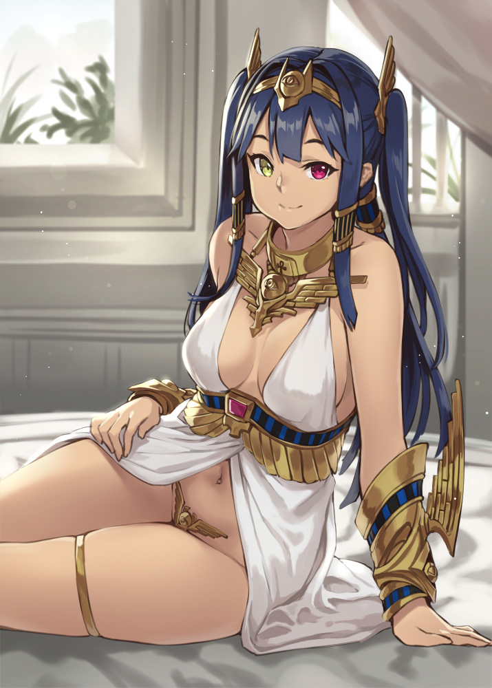 1girls arm_guards arm_support babydoll bare_shoulders bed bed_sheet black_hair blue_hair blurry bracer breasts c-string circlet cleavage closed_mouth collar collarbone curvy depth_of_field egyptian egyptian_clothes eyeliner female female_only fully_clothed hair_tubes hairband hand_on_hip heterochromia horus_(houtengeki) houtengeki indoors leaning_to_the_side long_hair looking_at_viewer makeup medium_breasts navel no_pants on_bed original peliazulyp pink_eyes sideboob sidelocks sitting skindentation sleeveless smile solo stomach strapless_bottom thighlet underbust wide_hips window yellow_eyes yokozuwari