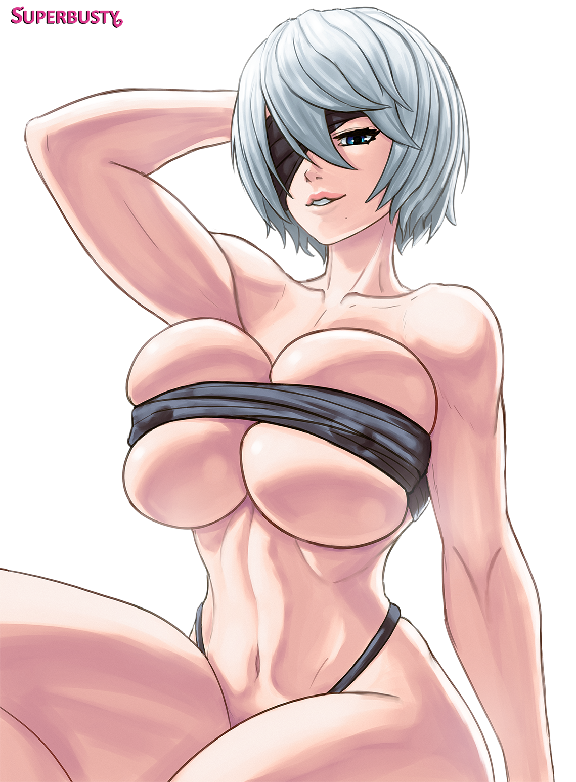 1girls, abs, android, arm up, athletic, athletic female, bandeau, belly, belly button, big breasts, big thighs, blindfold, blindfold slip, blue eyes, breast press, breasts, curvaceous, curvy, female, female focus, female only, g-string, high resolution, highres, huge breasts, huge thighs, large breasts, lips, looking at viewer, mole, mole under mouth, navel, nier, nier: automata, one arm up, puffy areola, seductive look, seductive smile, short hair, simple background, smile, smiling, solo, solo female, solo focus, square enix, superbusty, teeth, thick thighs, thighs, white background, white hair, wide hips, yorha 2b