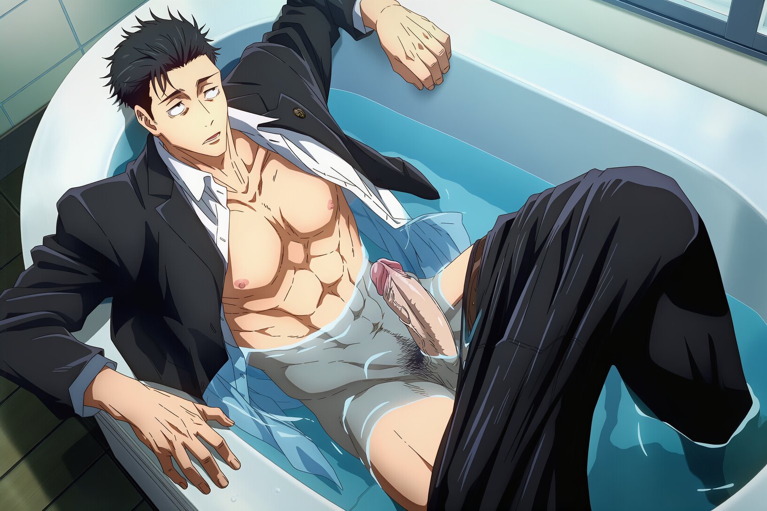 ai generated, bathing, bathtub, clothed, cock, erect penis, erection, gay, gilxxgamesh, hiromi higuruma, jacket open, jujutsu kaisen, loose clothes, male, male focus, male only, pants down, penis, yaoi