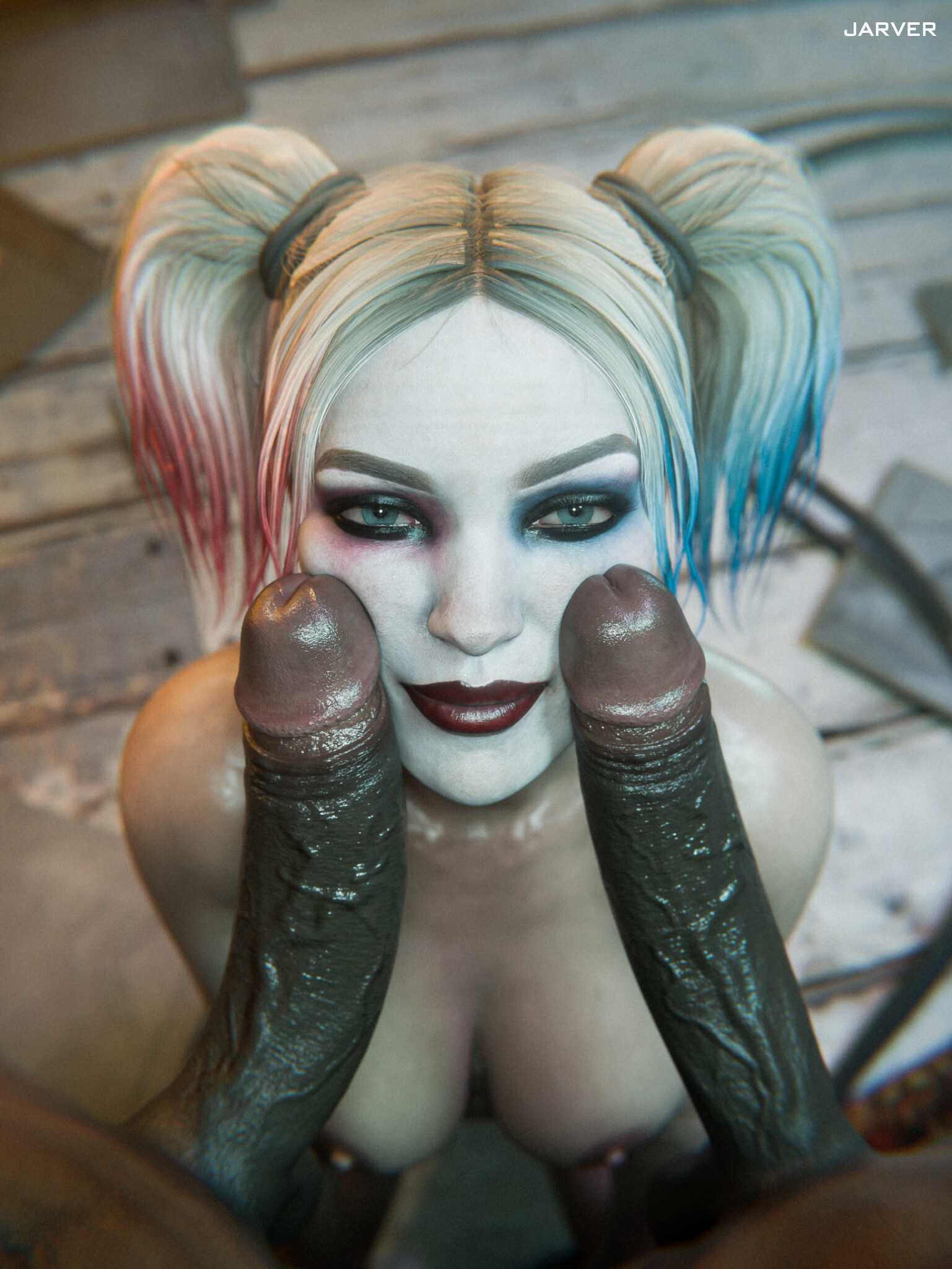 1girls, 2boys, 3d, batman (series), cock on face, completely naked, completely nude, dark-skinned male, dc, dc comics, female, harley quinn, harley quinn (injustice), injustice 2, interracial, jarver, light-skinned female, looking at viewer, male, naked, naked female, naked male, nude, nude female, nude male, penis on face