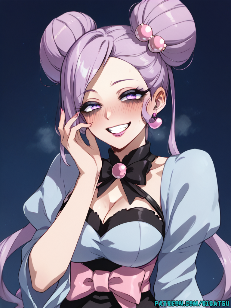 ai_generated blush female gesugao pink_eyes portrait purple_hair seductive seductive_look smile solo sweat