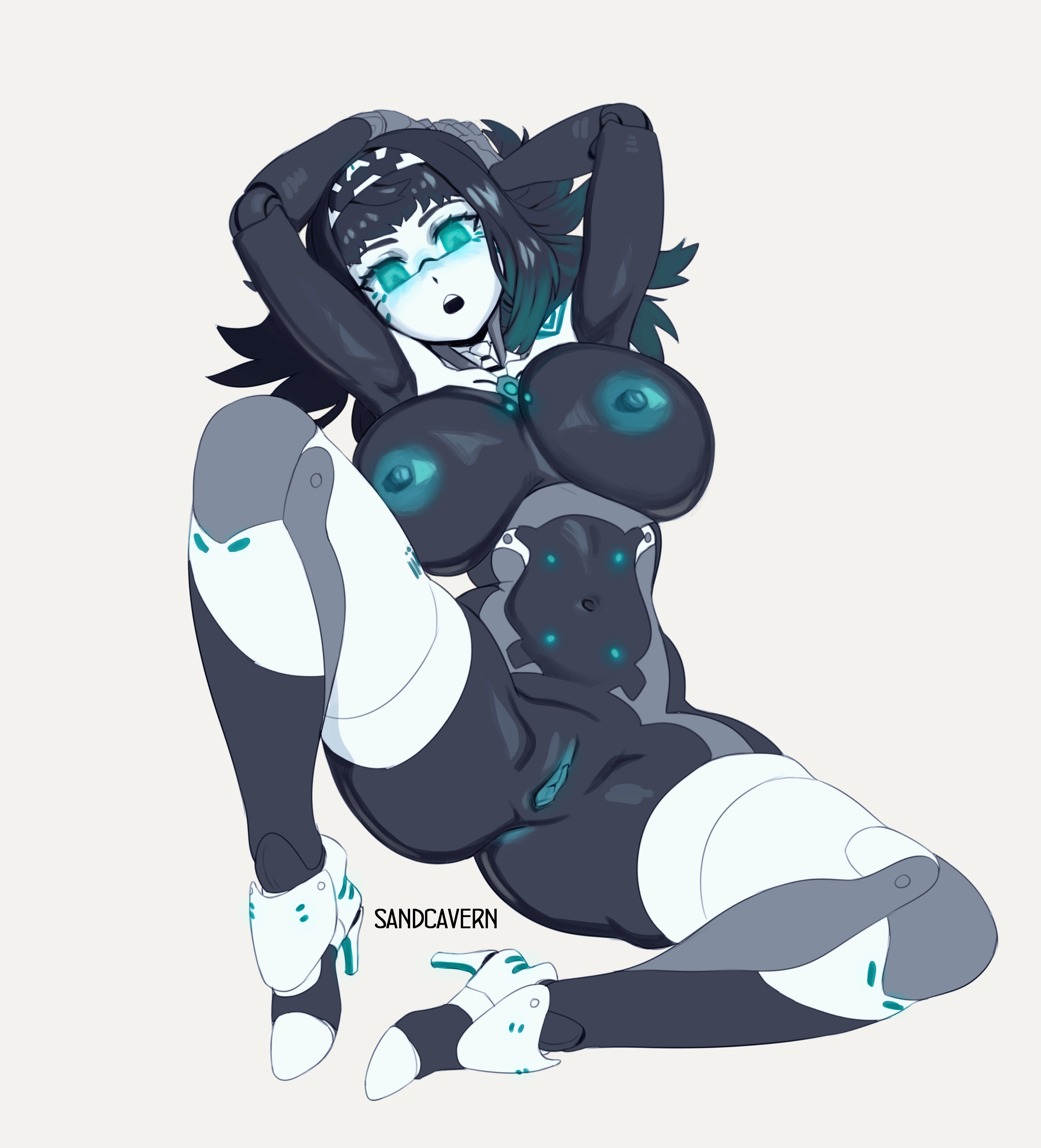 1girls, 2d, arms up, breasts, doll joints, female, glowing eyes, glowing markings, high heels, huge breasts, iris (sandcavern), looking at viewer, oc, original, original character, pose, pussy, robot, robot girl, robot humanoid, robot joints, sandcavern, solid color background, solo, spread legs, white background