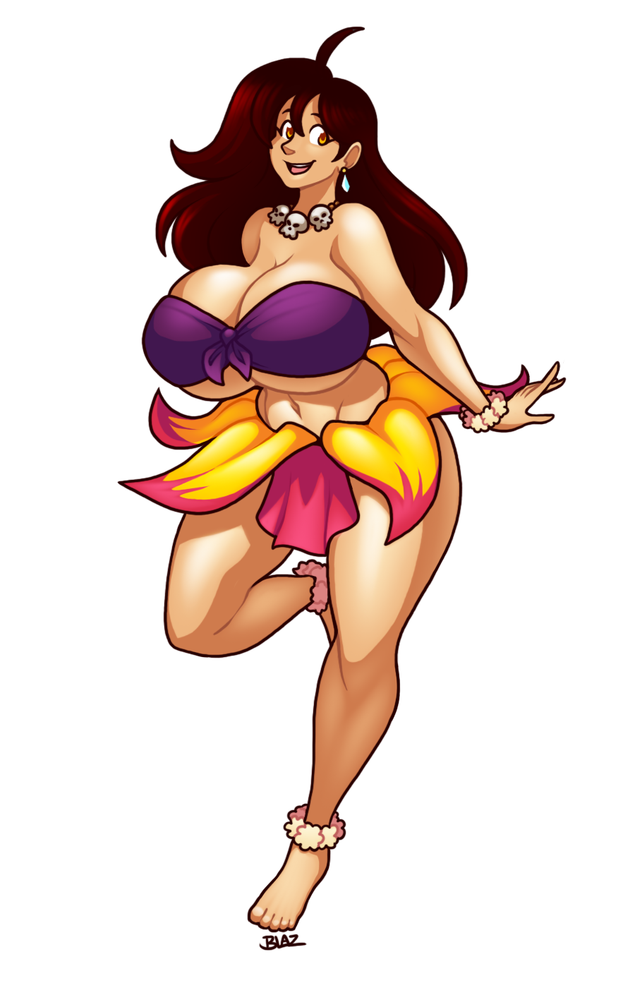 amber_eyes big_breasts black_hair cleavage dancing dark_hair female flower_skirt huge_boobs light-skinned_female long_hair sorceress sorceress_sophia thick_thighs tubetop villainess voluptuous white_skin