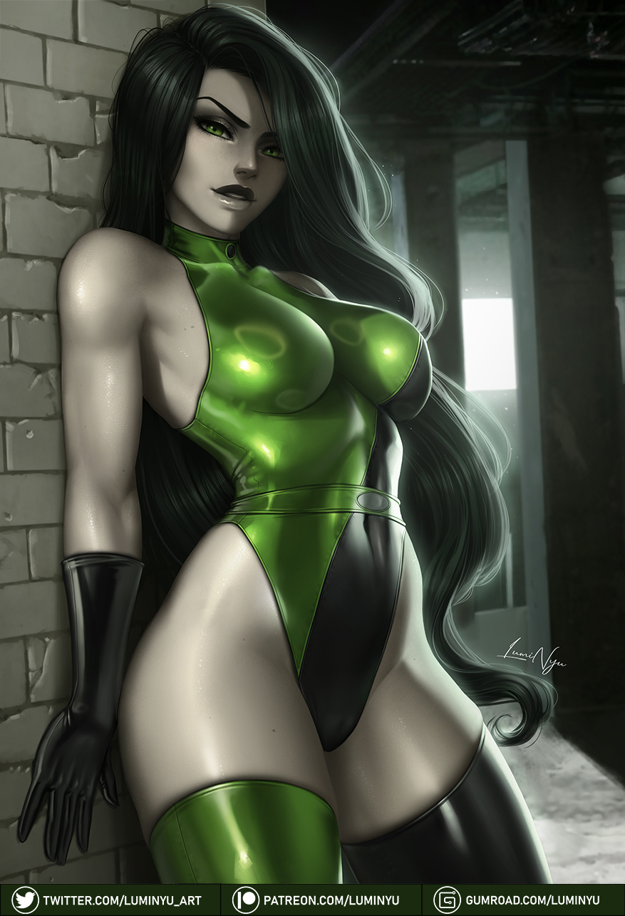 1girls, abs, big breasts, black hair, breasts, cameltoe, curvaceous, curvy, curvy figure, cute, dark hair, disney, disney channel, female, female focus, female human, female only, fit female, full lips, gloves, glowing, green eyes, hourglass figure, human, kim possible, large breasts, latex, leotard, lips, long hair, looking at viewer, luminyu, mature female, navel, open mouth, pale-skinned female, pussy, shego, slim waist, solo, solo female, solo focus, thick thighs, toned, toned female, variant set, very long hair, wall, wide hips
