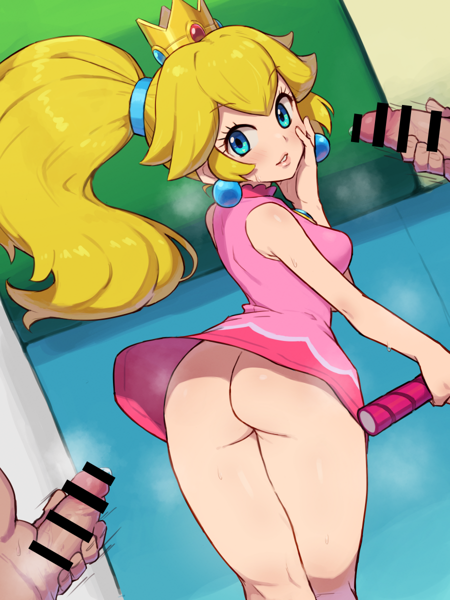 2boys aqua_eyes ass bar_censor blonde_hair censored chiwino commission crown dress earrings female from_behind highres jewelry male_masturbation mario_(series) mario_tennis masturbation multiple_boys no_panties parted_lips penis pink_dress pixiv_commission ponytail princess_peach racket short_dress sphere_earrings tennis_racket