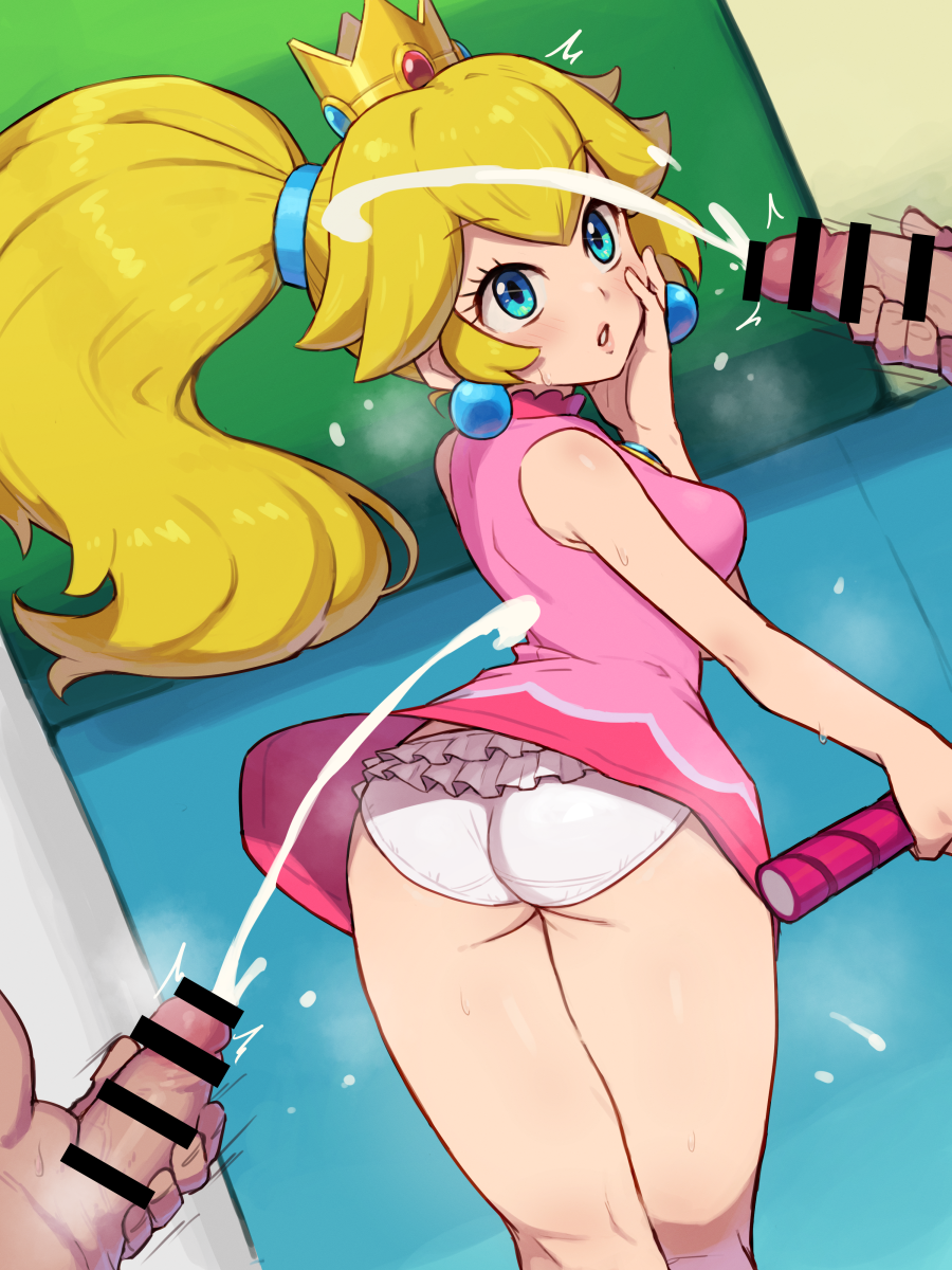 2boys aqua_eyes ass bar_censor blonde_hair censored chiwino commission crown cum dress earrings ejaculation female from_behind highres jewelry male_masturbation mario_(series) mario_tennis masturbation multiple_boys panties parted_lips penis pink_dress pixiv_commission ponytail princess_peach racket short_dress sphere_earrings tennis_racket underwear white_panties