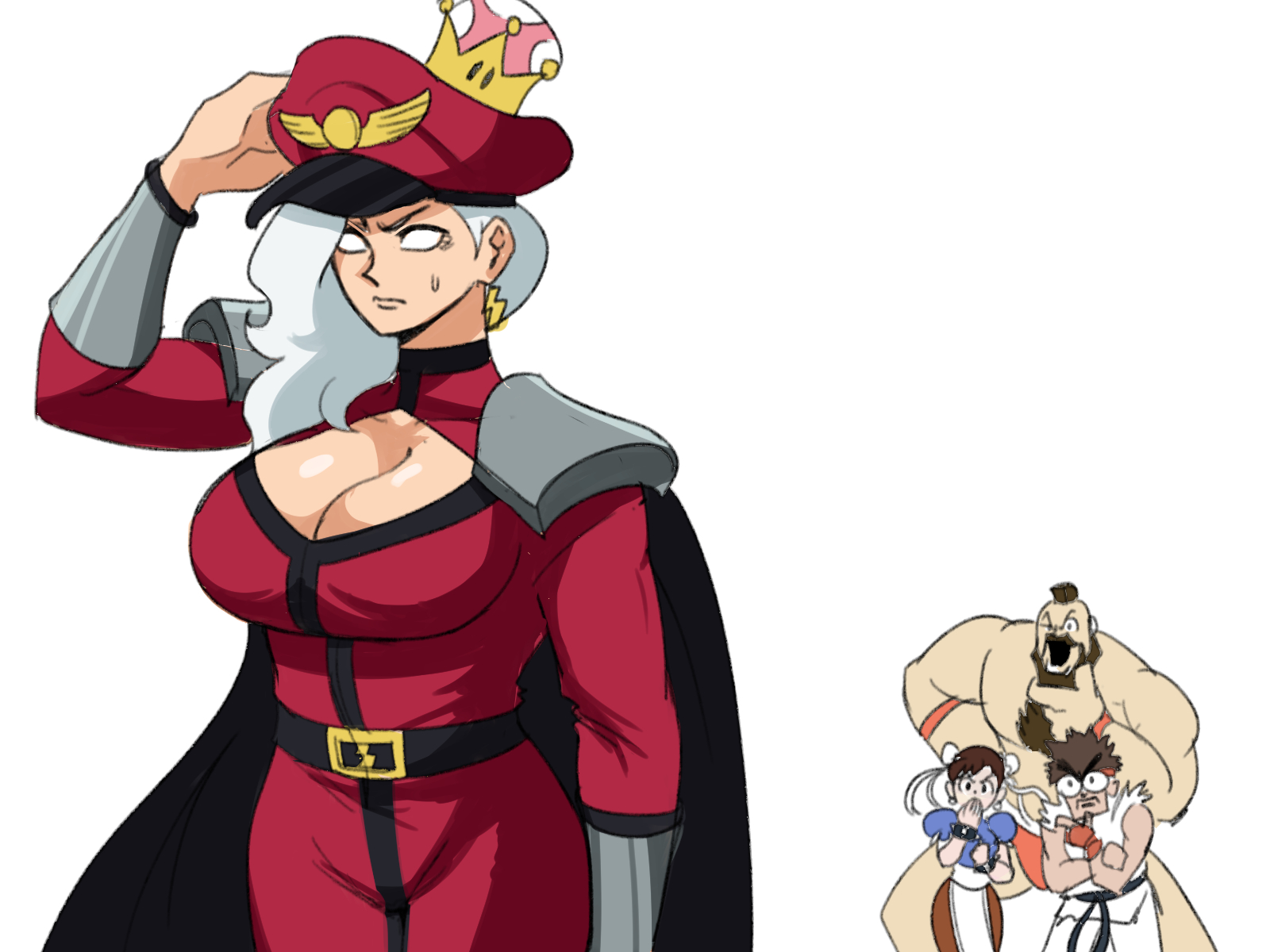 big breasts, breasts, capcom, chun-li, cleavage, female, m bison, m bisonsette, mario (series), meme, new super mario bros. u deluxe, rule 63, ryu (street fighter), silver hair, street fighter, super crown, tagme, tinafate1, zangief
