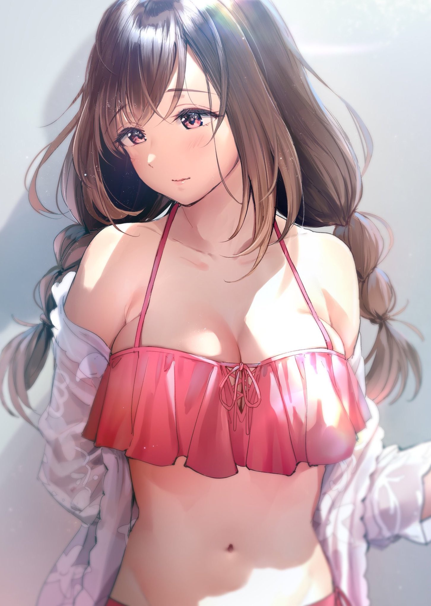 1girls, bangs, bare shoulders, bikini, blush, braid, breasts, brown eyes, brown hair, clavicle, cleavage, closed mouth, female, high resolution, idolmaster, idolmaster shiny colors, jacket, large breasts, lighting, long hair, long sleeves, medium breasts, navel, off shoulder, open clothes, open jacket, open shirt, pink bikini, pink eyes, ribbon, see-through, smile, solo, swept bangs, swimsuit, takeashiro, takeya y0615, tied hair, tsukioka kogane, twin braids, twintails, white jacket