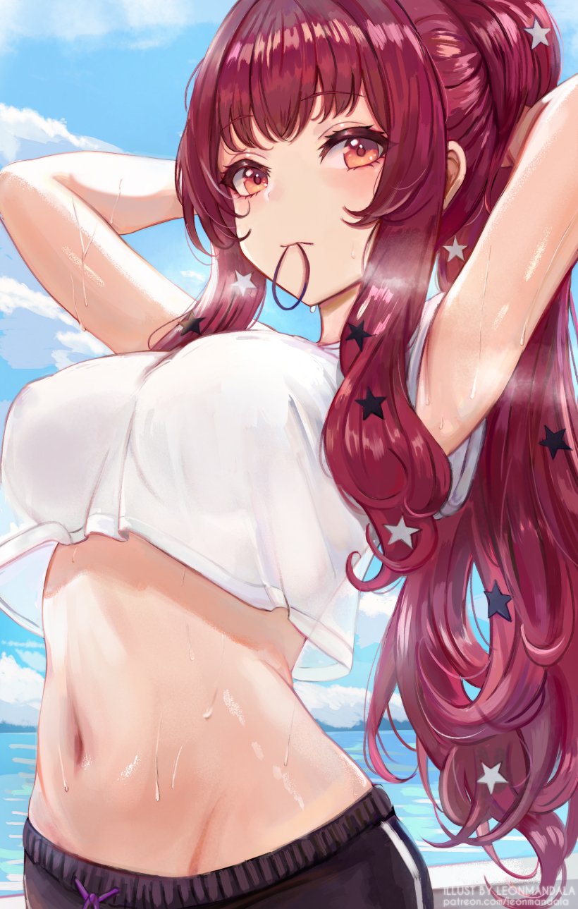 1girls, adjusting hair, arms up, black pants, blue sky, blush, breasts, closed mouth, cloud, cloudy sky, day, female, female only, fire emblem, fire emblem engage, groin, hair ornament, highres, large breasts, leonmandala, long hair, mouth hold, navel, nintendo, ocean, orange eyes, outdoors, pants, pink hair, sand, see-through silhouette, shiny skin, shirt, short sleeves, sky, solo, star (symbol), star hair ornament, steaming body, stomach, sweat, watermark, wavy hair, white shirt, yunaka (fire emblem)