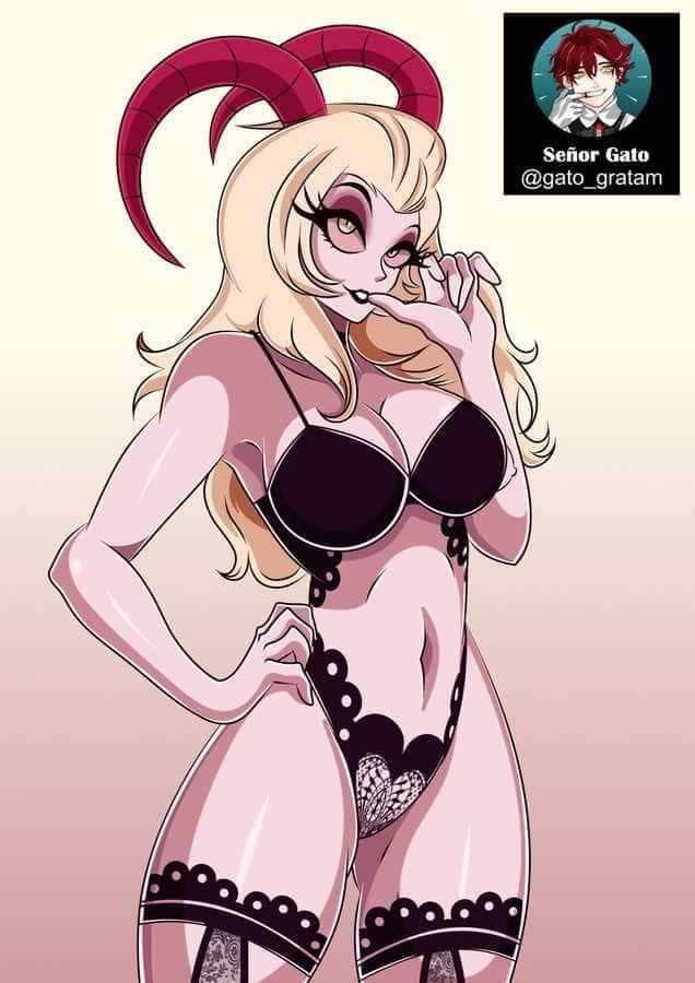 big breasts, breasts, demon, demon girl, demon horns, female, female only, hair, hazbin hotel, lilith morningstar (hazbin hotel), lingerie, milf, mother, open mouth, open smile, senor gato, simple background, standing, succubus, teeth, thick thighs, vivienne medrano, vivziepop